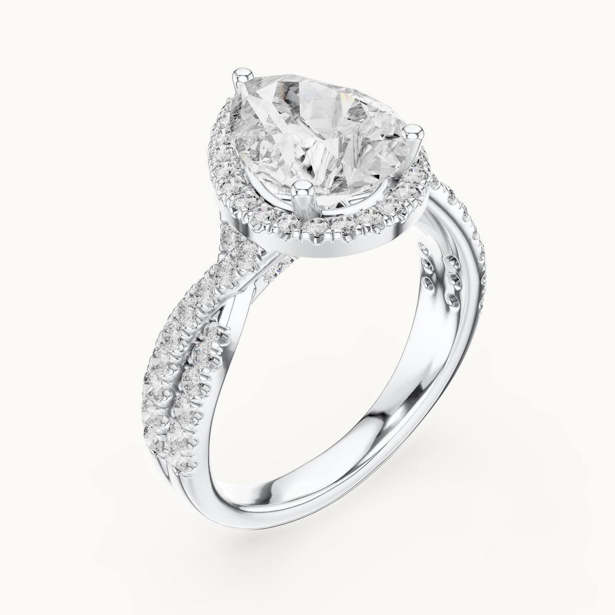 Pear and round lab-grown diamond twisted halo engagement ring in white gold, 3.16 CT TW, view 2
