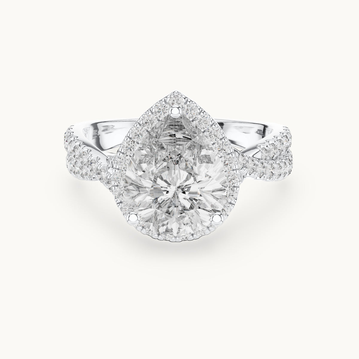 Pear and round lab-grown diamond twisted halo engagement ring in white gold, 3.16 CT TW, view 4