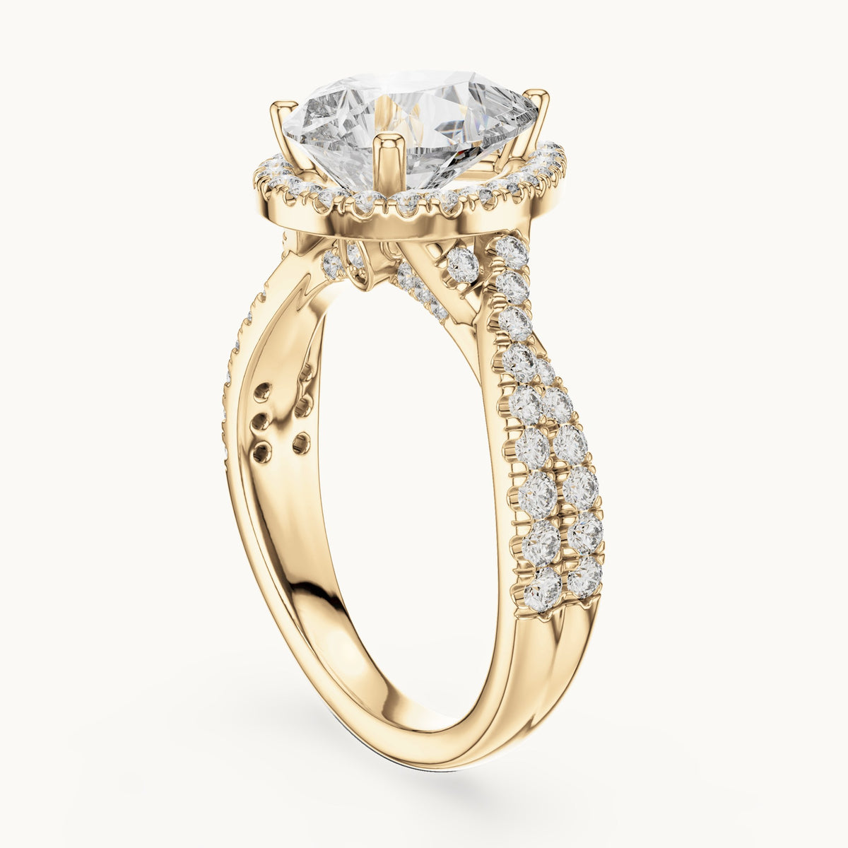 Pear and round lab-grown diamond twisted halo engagement ring in yellow gold, 3.16 CT TW, view 1