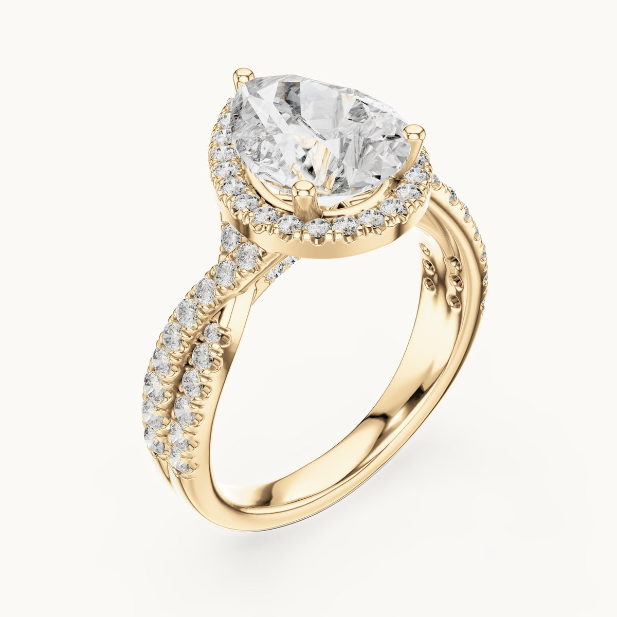 Pear and round lab-grown diamond twisted halo engagement ring in yellow gold, 3.16 CT TW, view 2