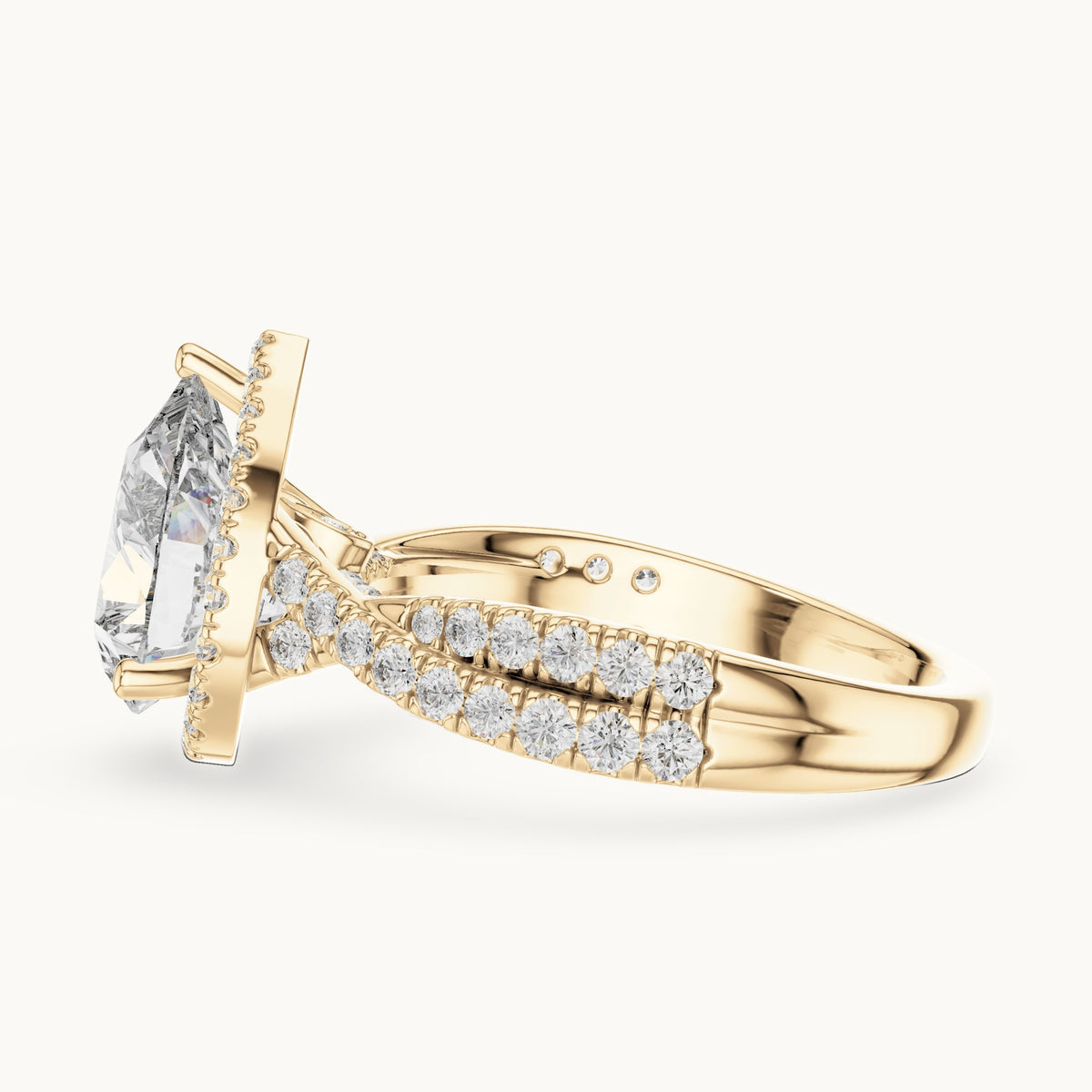 Pear and round lab-grown diamond twisted halo engagement ring in yellow gold, 3.16 CT TW, view 3