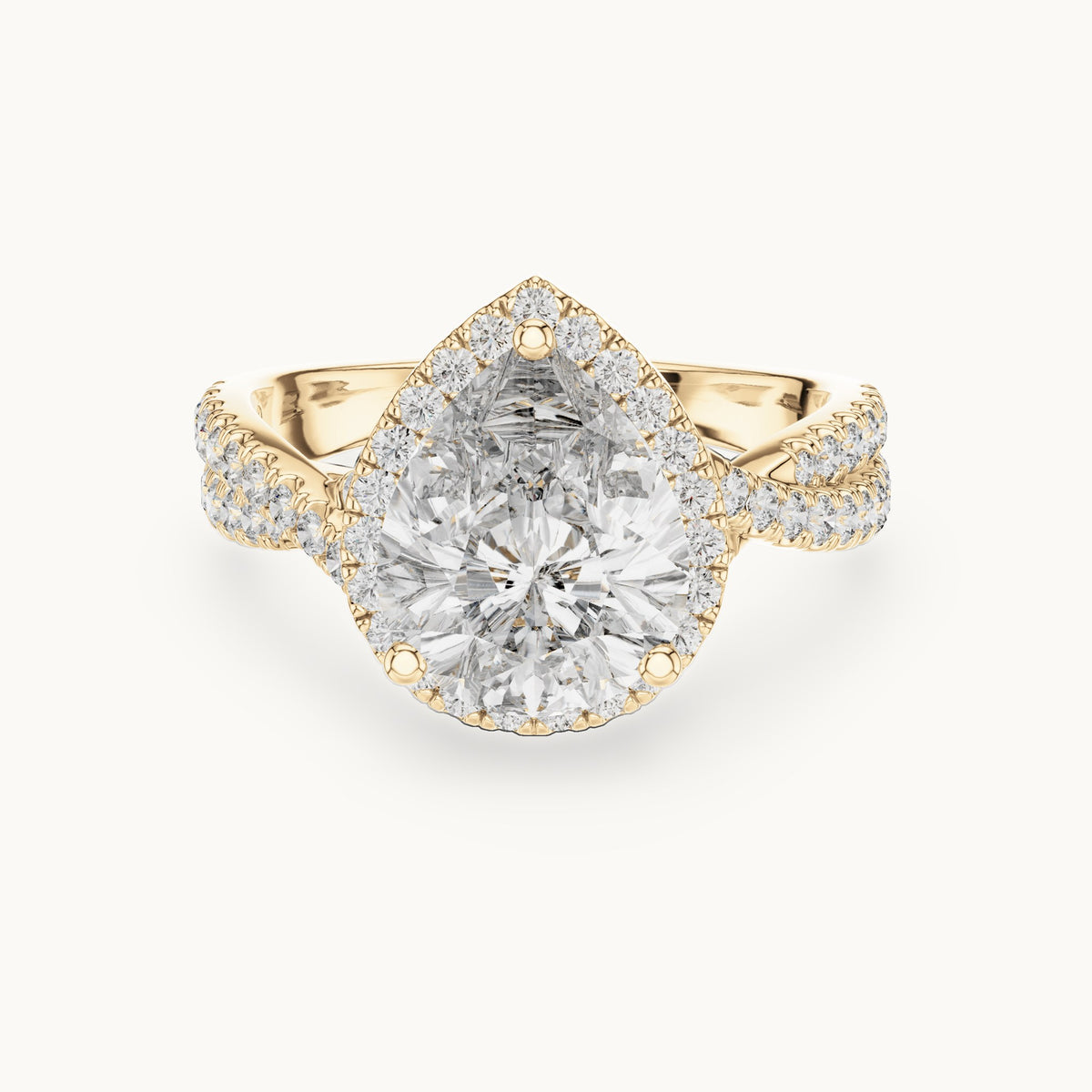 Pear and round lab-grown diamond twisted halo engagement ring in yellow gold, 3.16 CT TW, view 4