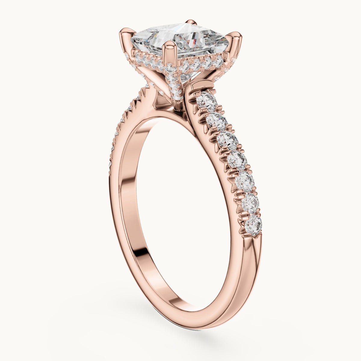 Princess-cut and round lab-grown diamond pavé engagement ring in rose gold, 1.982 CT TW, view 1