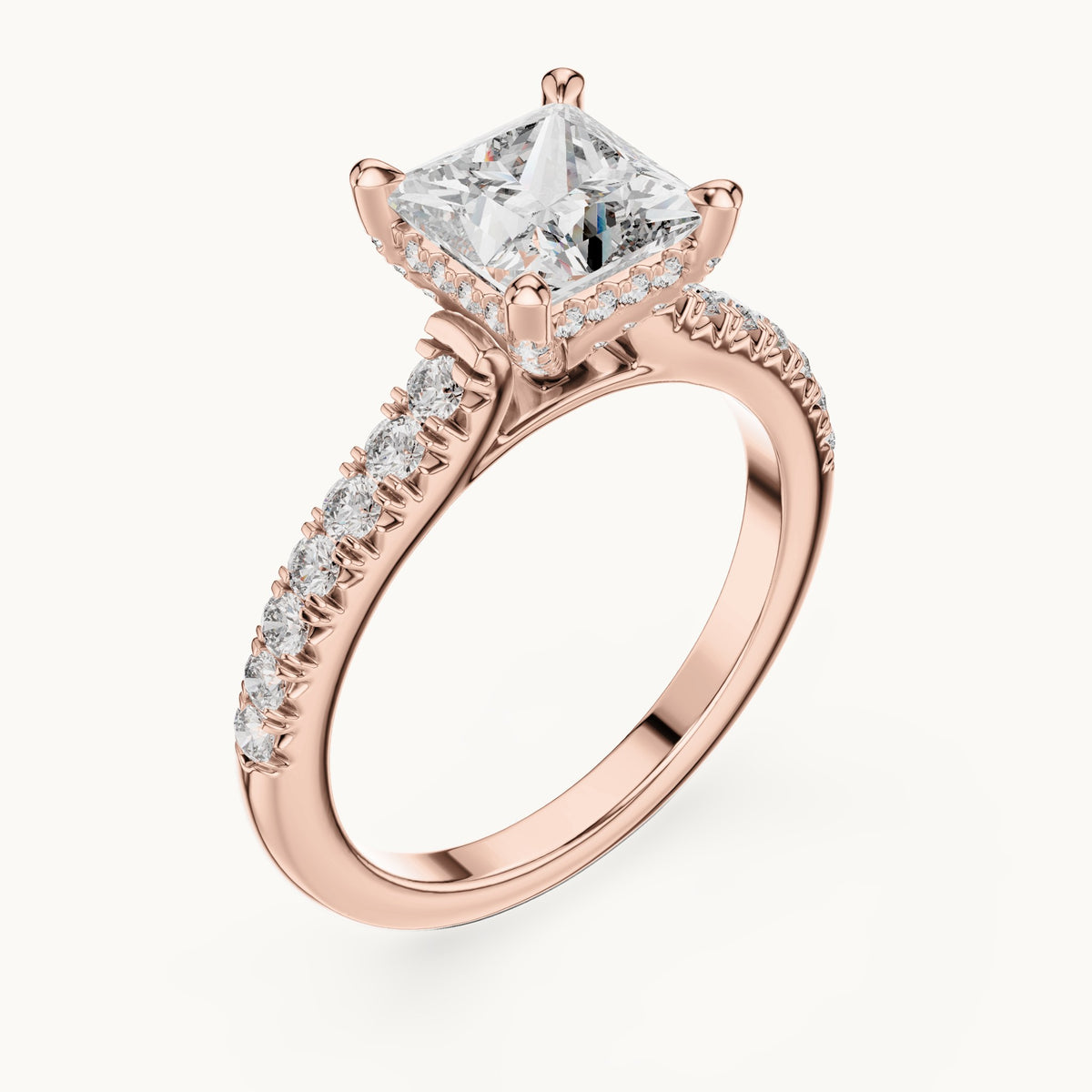 Princess-cut and round lab-grown diamond pavé engagement ring in rose gold, 1.982 CT TW, view 2