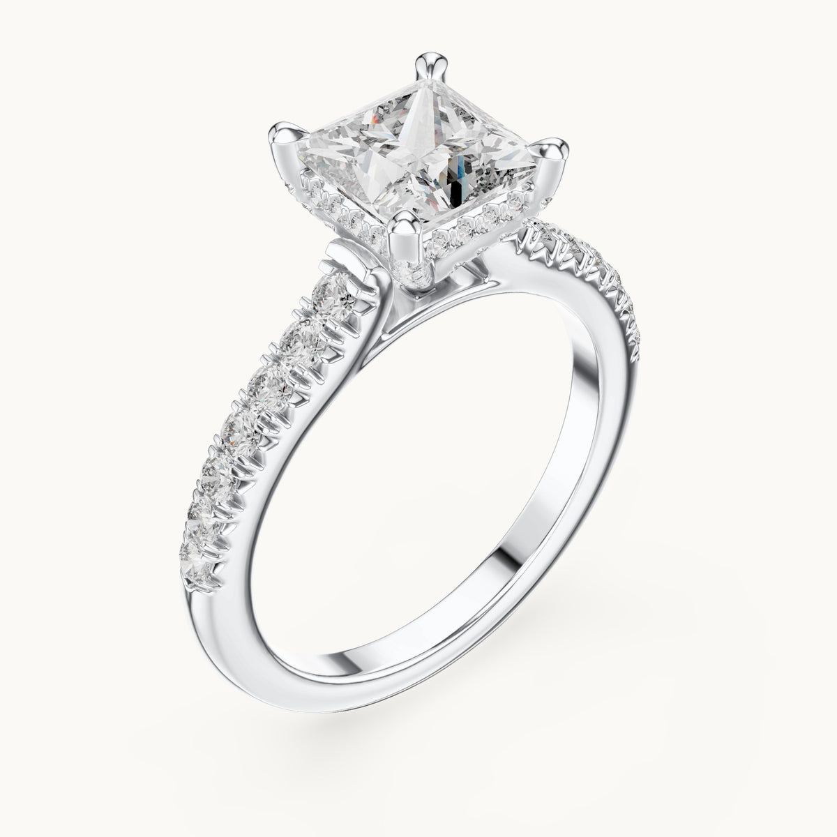 Princess-cut and round lab-grown diamond pavé engagement ring in white gold, 1.982 CT TW, view 2