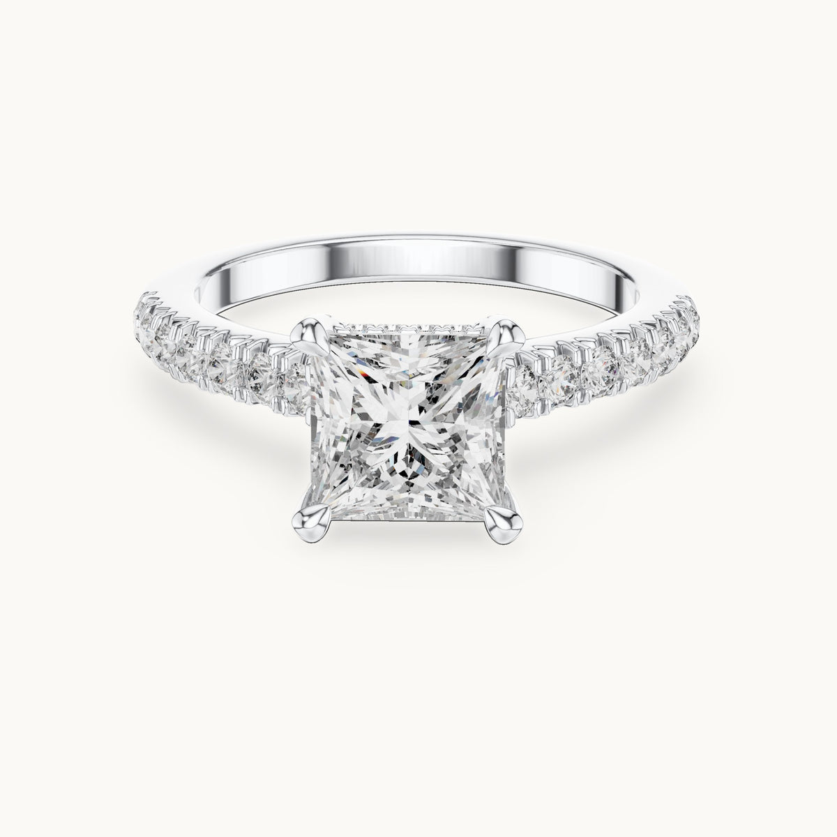 Princess-cut and round lab-grown diamond pavé engagement ring in white gold, 1.982 CT TW, view 4