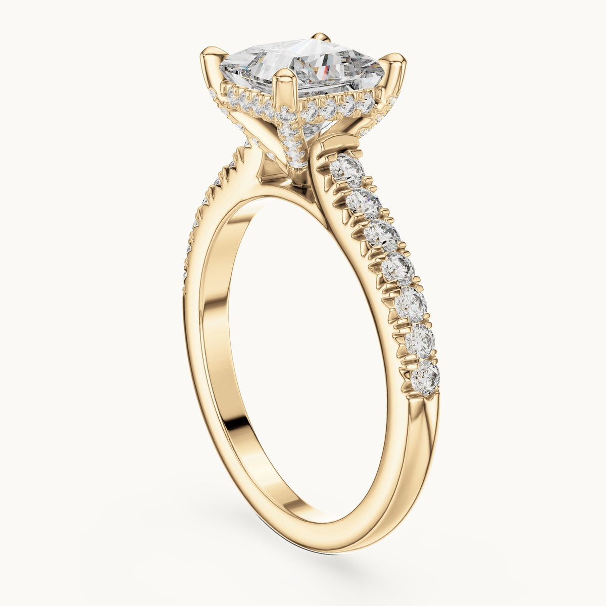 Princess-cut and round lab-grown diamond pavé engagement ring in yellow gold, 1.982 CT TW, view 1