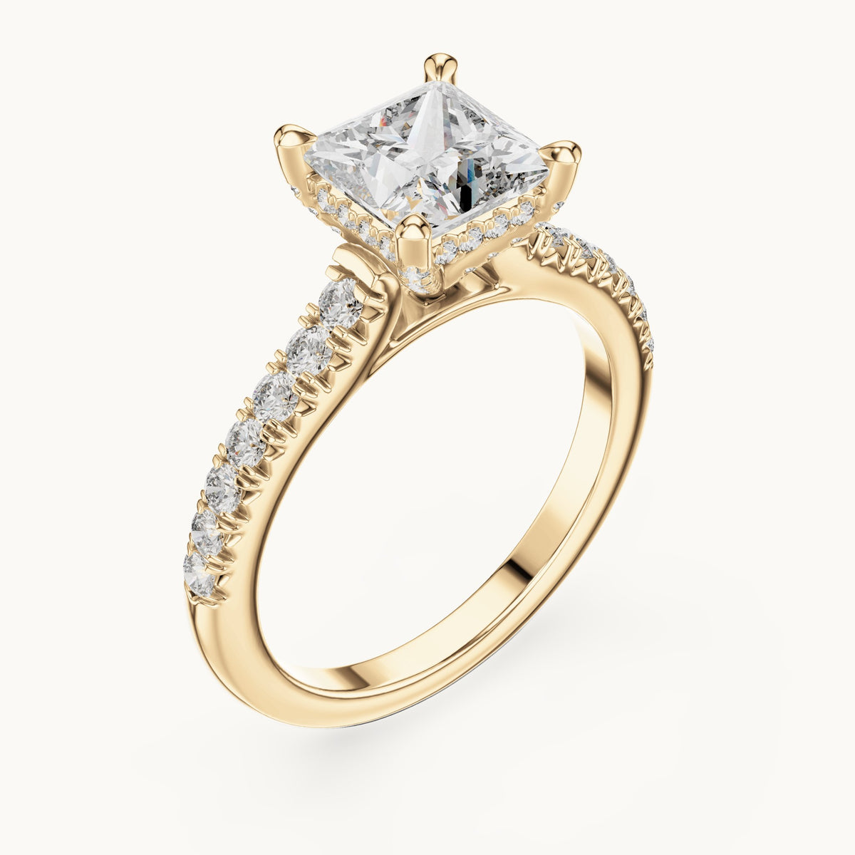 Princess-cut and round lab-grown diamond pavé engagement ring in yellow gold, 1.982 CT TW, view 2