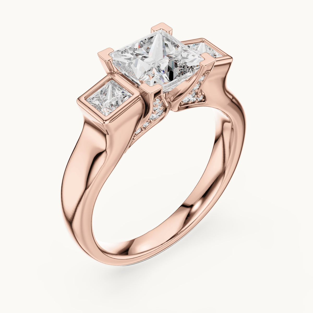 Princess-cut and round lab-grown diamond three-stone engagement ring with bezel side stones in rose gold, 2.136 CT TW, view 2