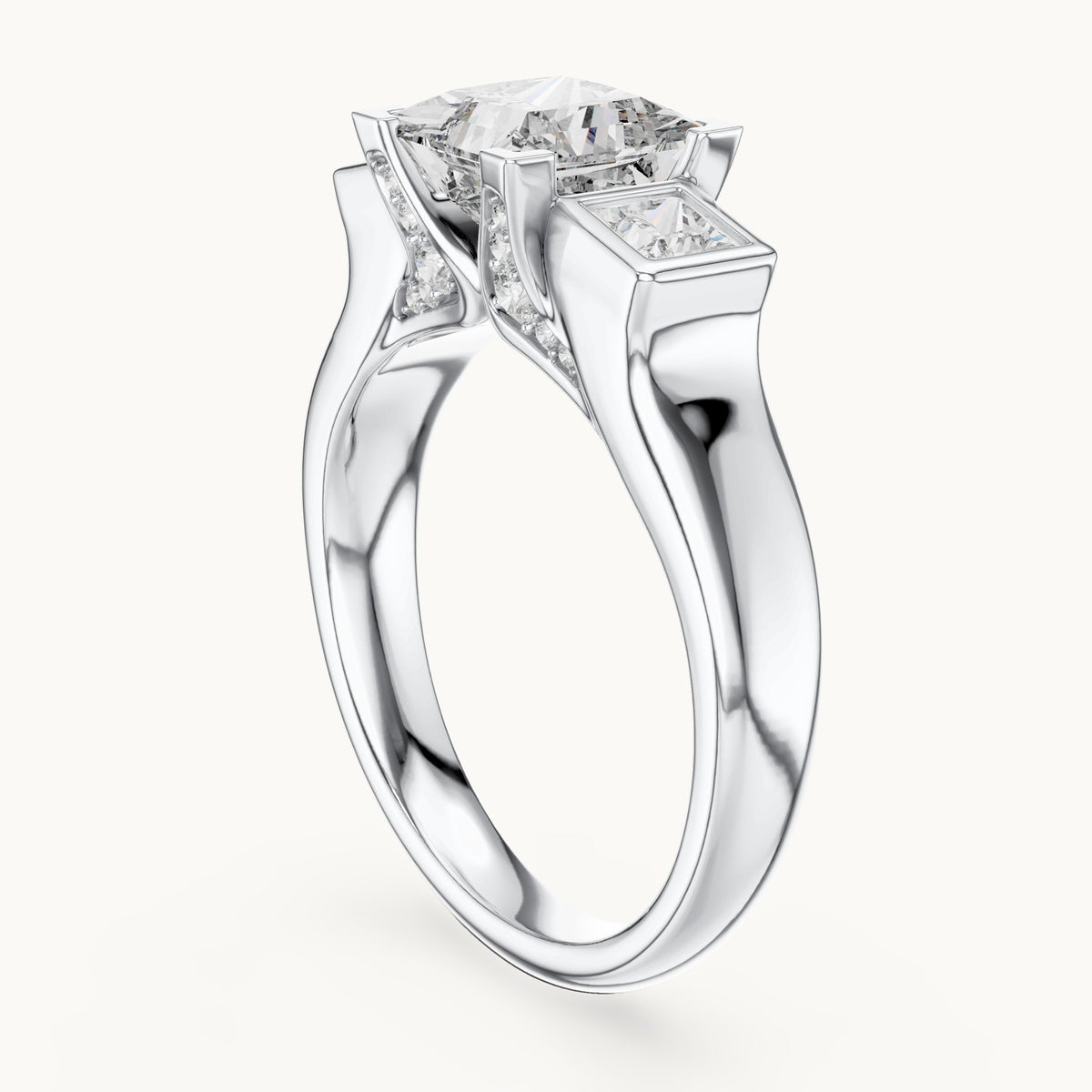 Princess-cut and round lab-grown diamond three-stone engagement ring with bezel side stones in white gold, 2.136 CT TW, view 1