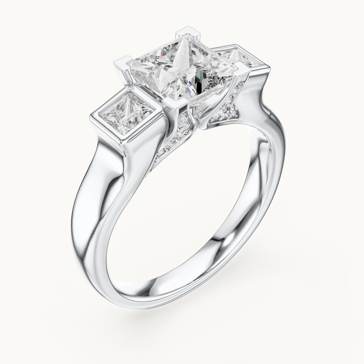 Princess-cut and round lab-grown diamond three-stone engagement ring with bezel side stones in white gold, 2.136 CT TW, view 2