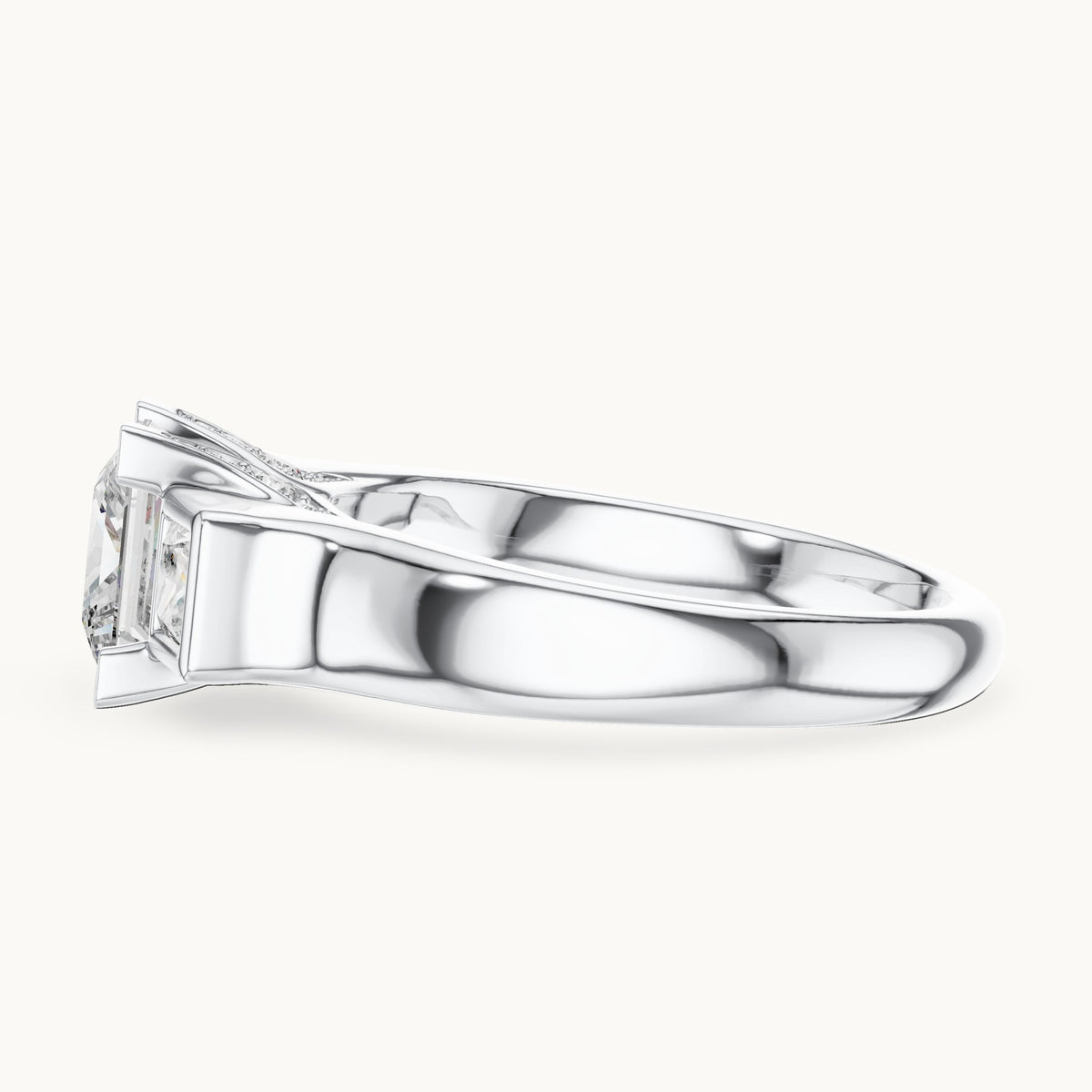 Princess-cut and round lab-grown diamond three-stone engagement ring with bezel side stones in white gold, 2.136 CT TW, view 3