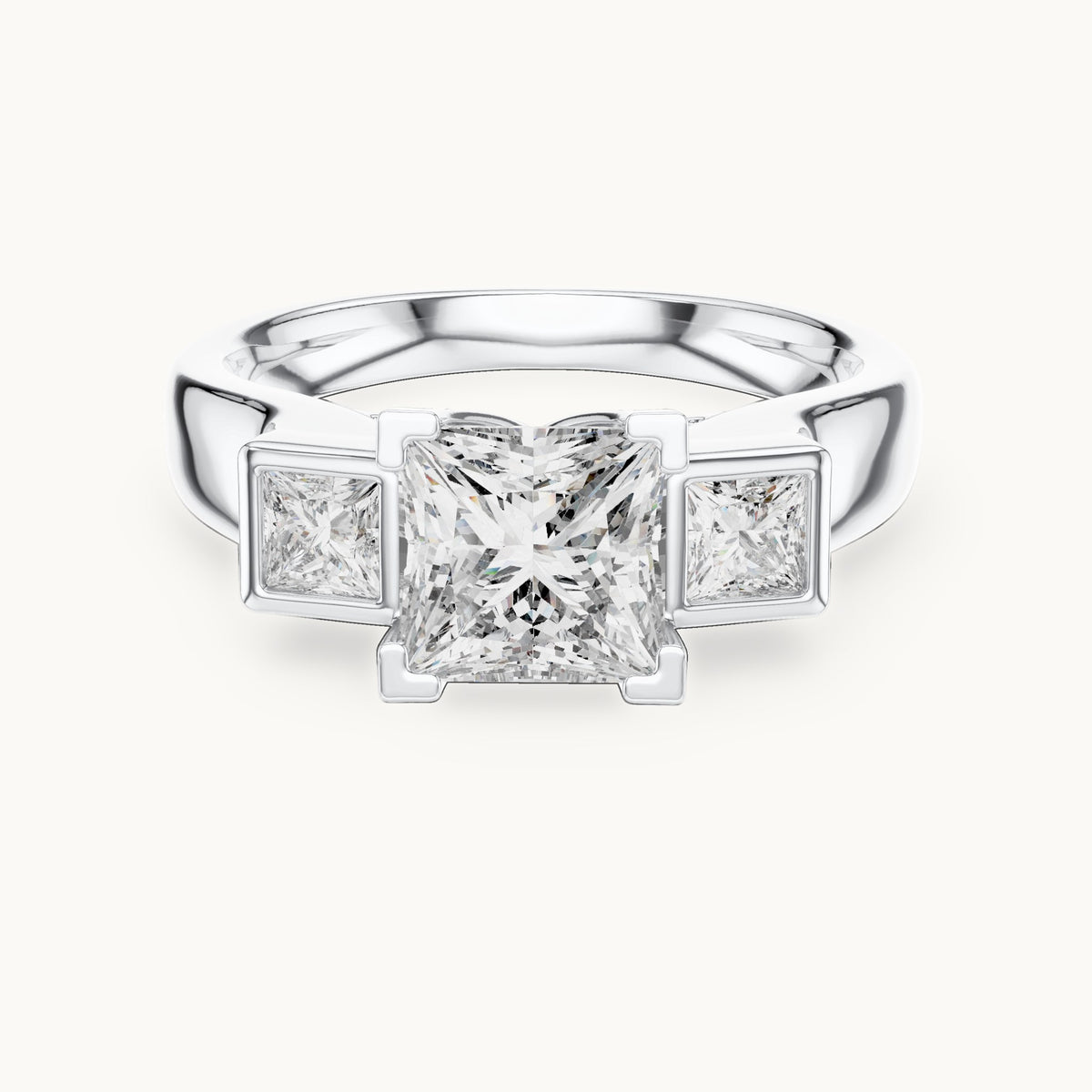 Princess-cut and round lab-grown diamond three-stone engagement ring with bezel side stones in white gold, 2.136 CT TW, view 4