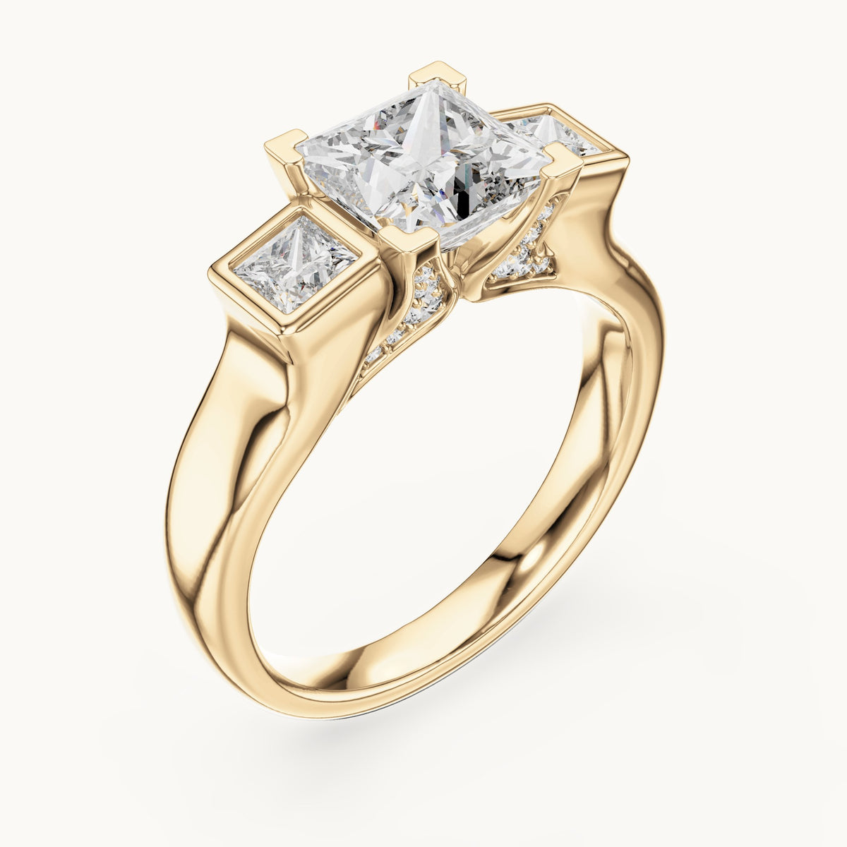 Princess-cut and round lab-grown diamond three-stone engagement ring with bezel side stones in yellow gold, 2.136 CT TW, view 2