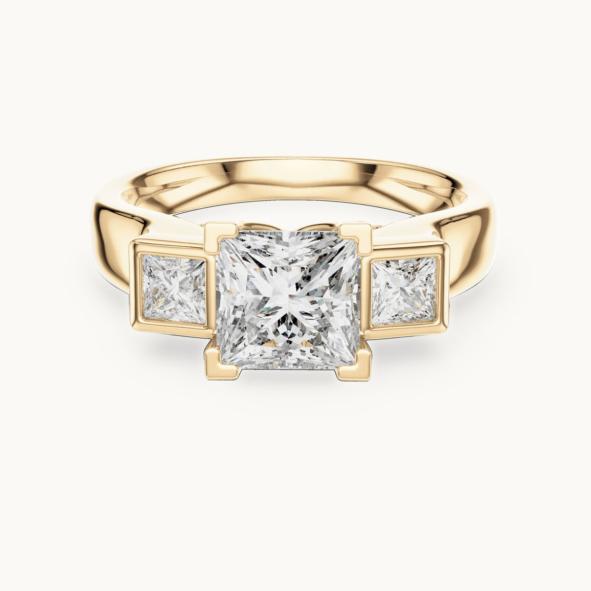 Princess-cut and round lab-grown diamond three-stone engagement ring with bezel side stones in yellow gold, 2.136 CT TW, view 4