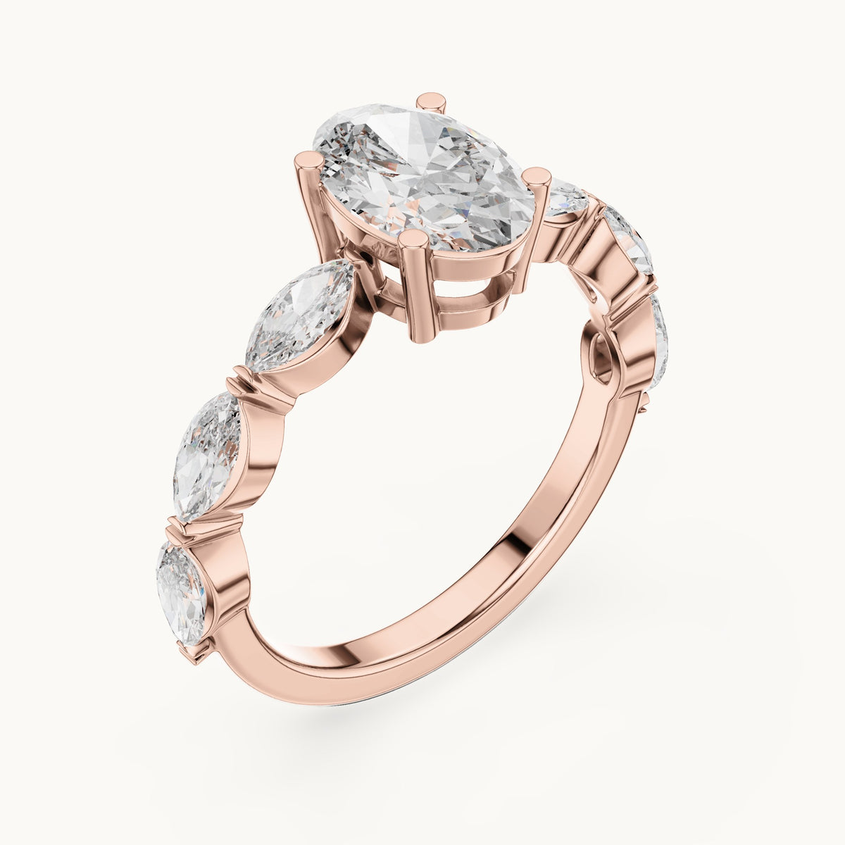 Oval and marquise lab-grown diamond engagement ring with marquise side stones in rose gold, 1.66 CT TW, view 2