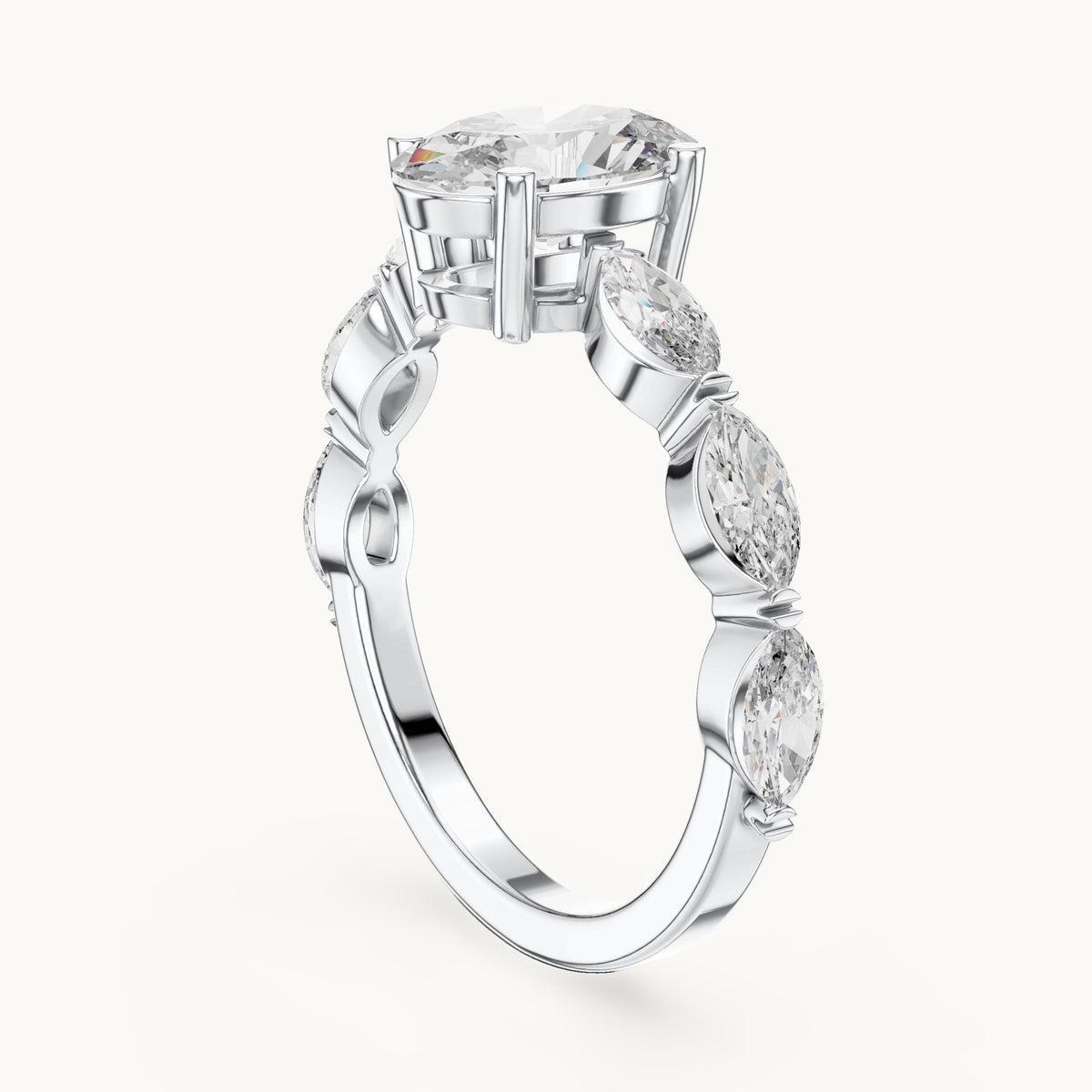 Oval and marquise lab-grown diamond engagement ring with marquise side stones in white gold, 1.66 CT TW, view 1