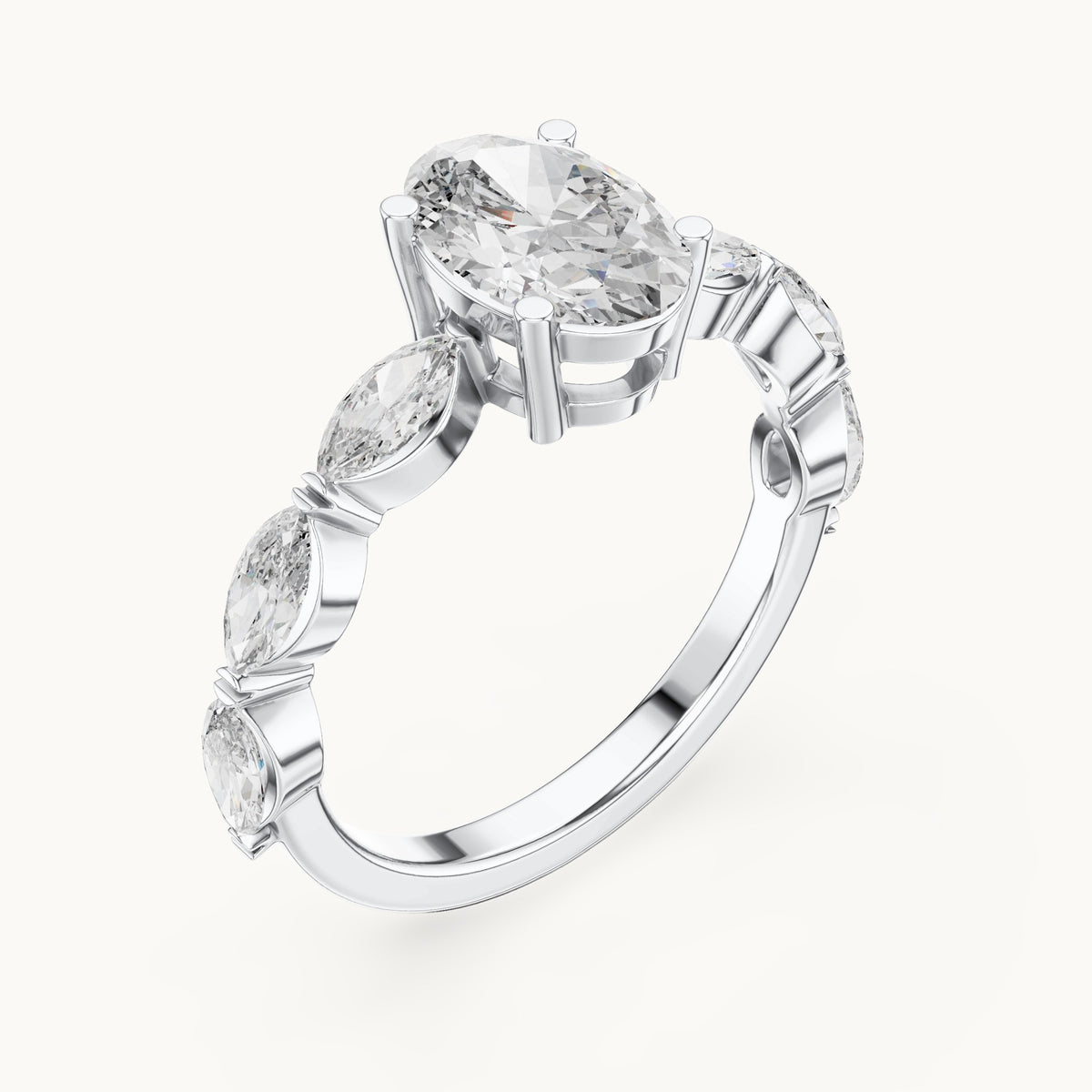 Oval and marquise lab-grown diamond engagement ring with marquise side stones in white gold, 1.66 CT TW, view 2