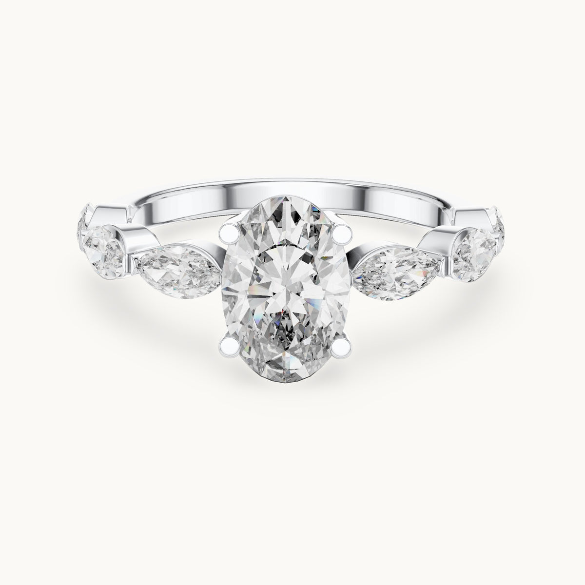 Oval and marquise lab-grown diamond engagement ring with marquise side stones in white gold, 1.66 CT TW, view 4