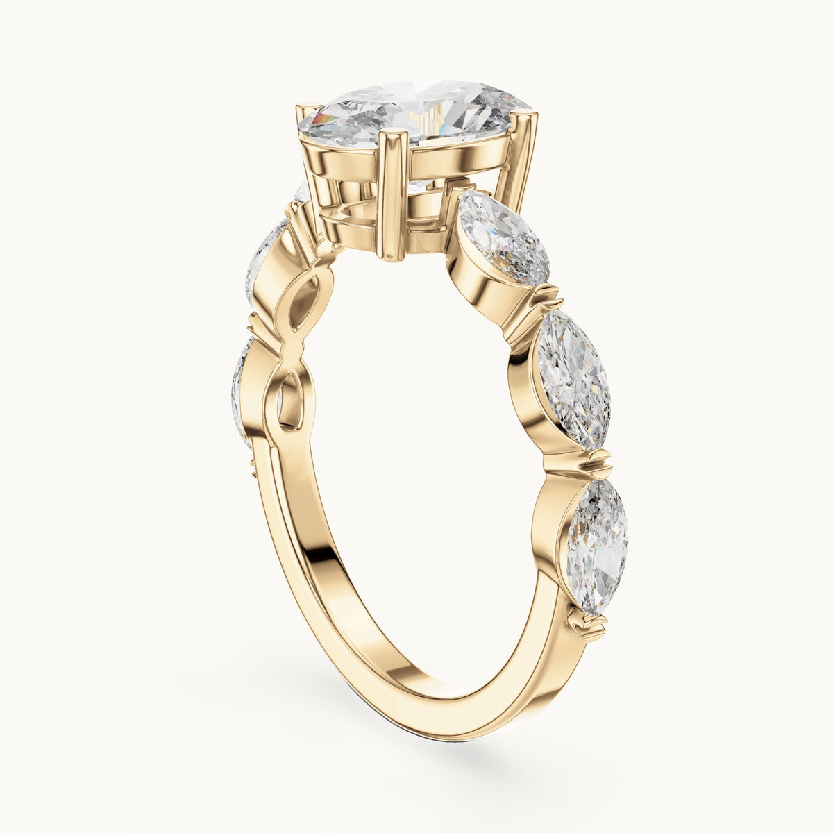 Oval and marquise lab-grown diamond engagement ring with marquise side stones in yellow gold, 1.66 CT TW, view 1