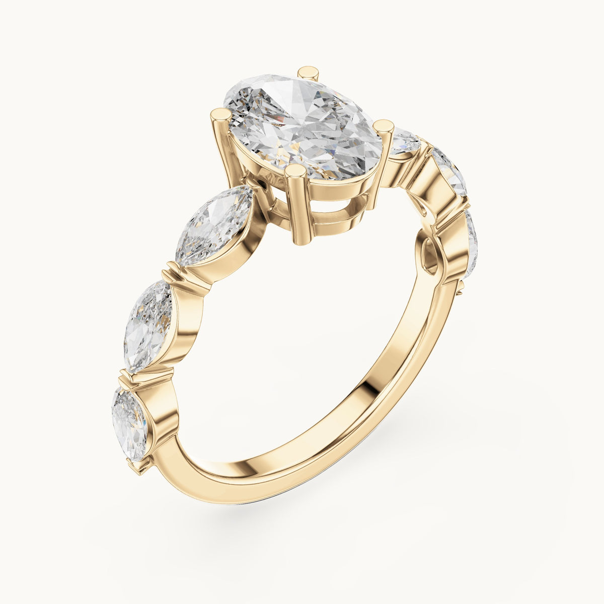 Oval and marquise lab-grown diamond engagement ring with marquise side stones in yellow gold, 1.66 CT TW, view 2