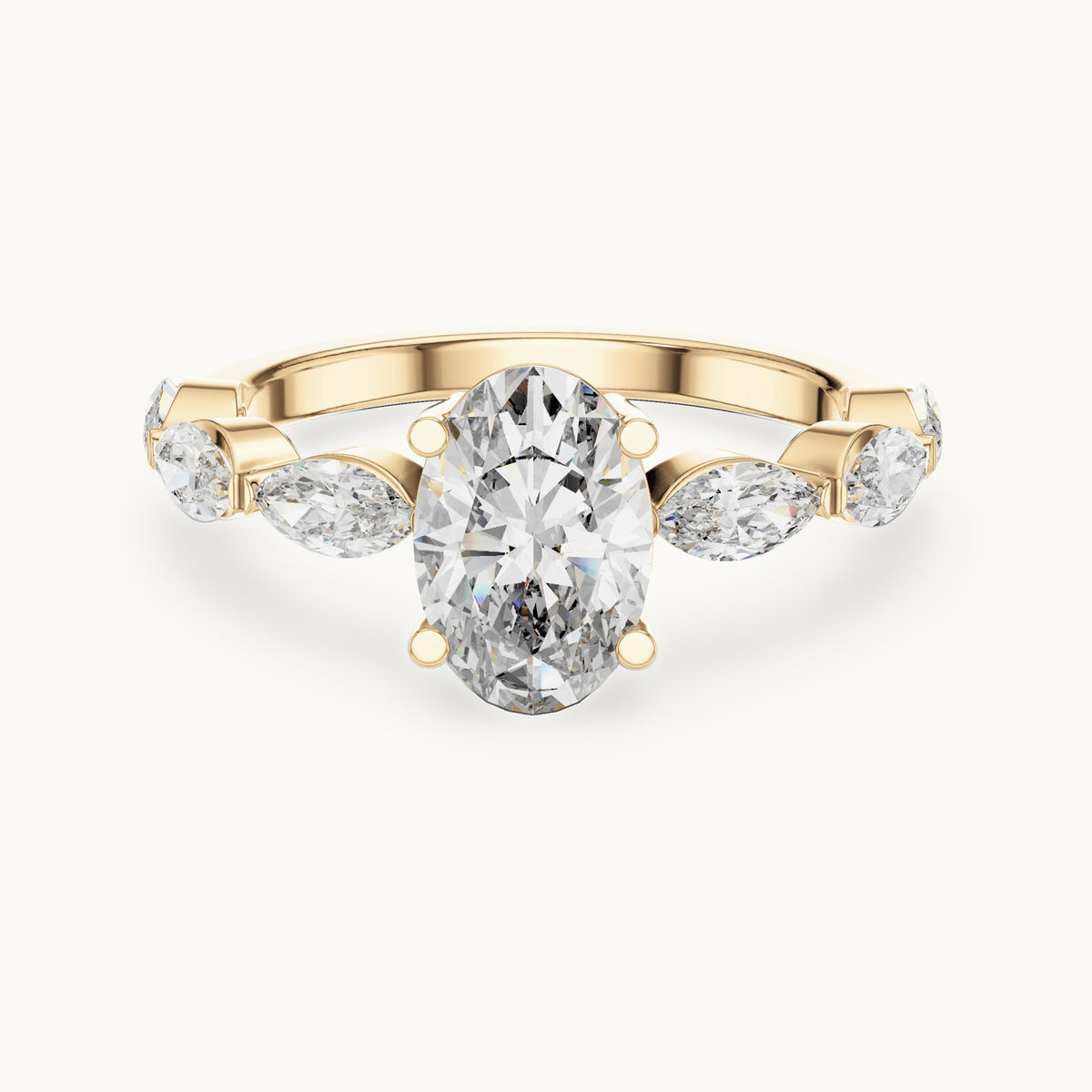 Oval and marquise lab-grown diamond engagement ring with marquise side stones in yellow gold, 1.66 CT TW, view 4