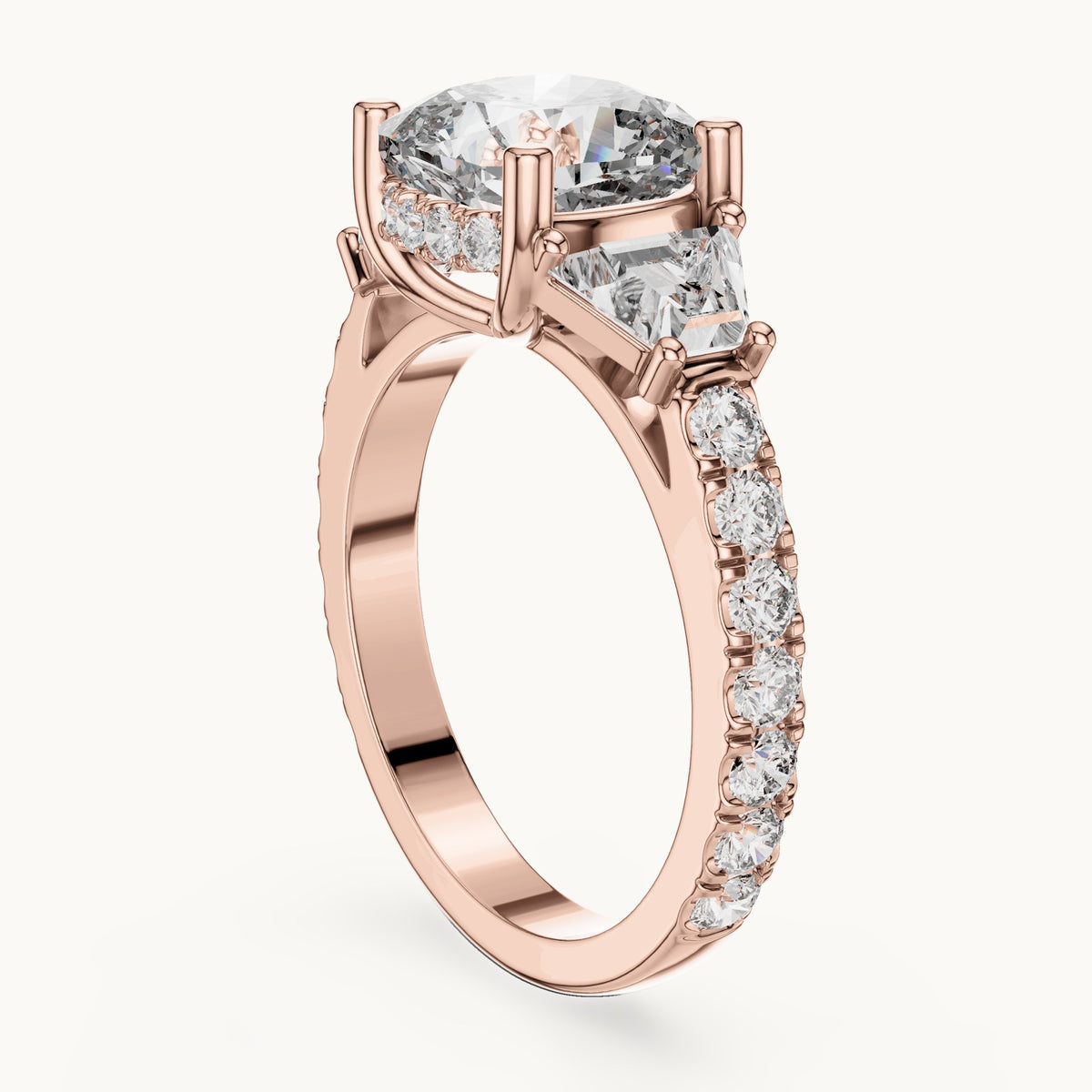 Cushion-cut, baguette and round lab-grown diamond three-stone engagement ring with baguette side stones in rose gold, 4.956 CT TW, view 1