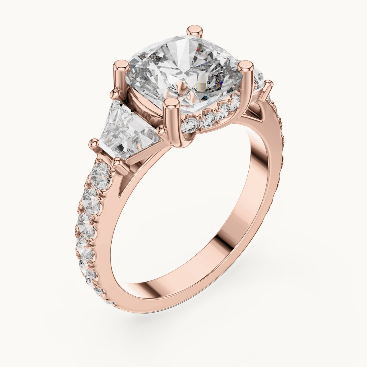 Cushion-cut, baguette and round lab-grown diamond three-stone engagement ring with baguette side stones in rose gold, 4.956 CT TW, view 2