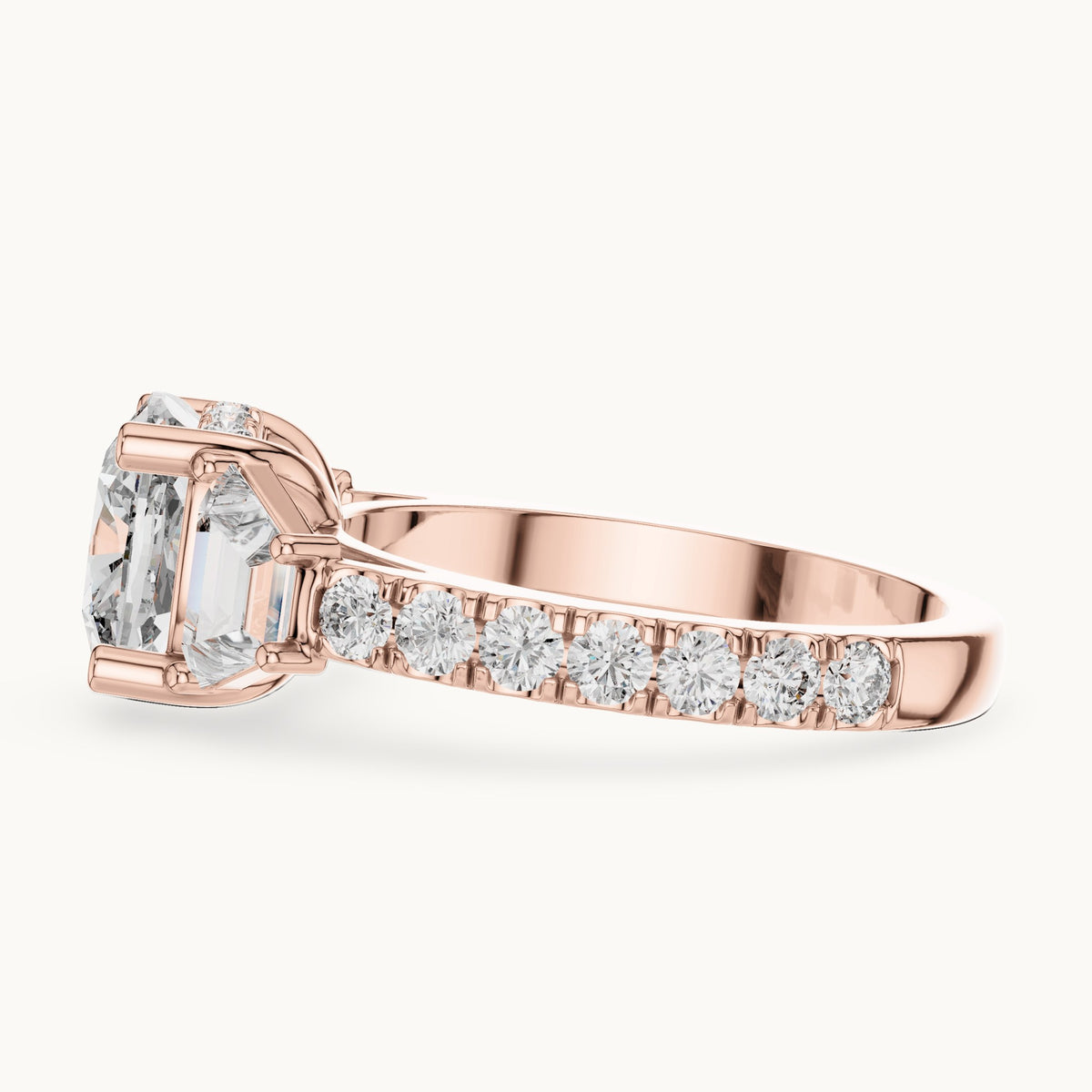 Cushion-cut, baguette and round lab-grown diamond three-stone engagement ring with baguette side stones in rose gold, 4.956 CT TW, view 3