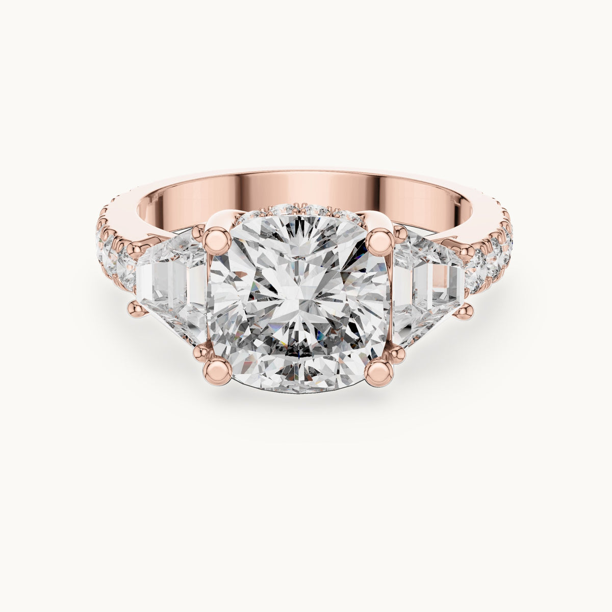Cushion-cut, baguette and round lab-grown diamond three-stone engagement ring with baguette side stones in rose gold, 4.956 CT TW, view 4