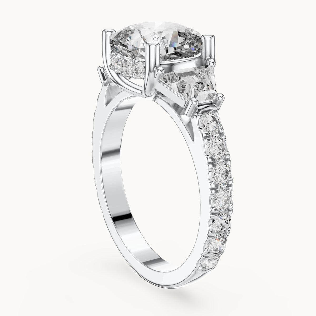 Cushion-cut, baguette and round lab-grown diamond three-stone engagement ring with baguette side stones in white gold, 4.956 CT TW, view 1