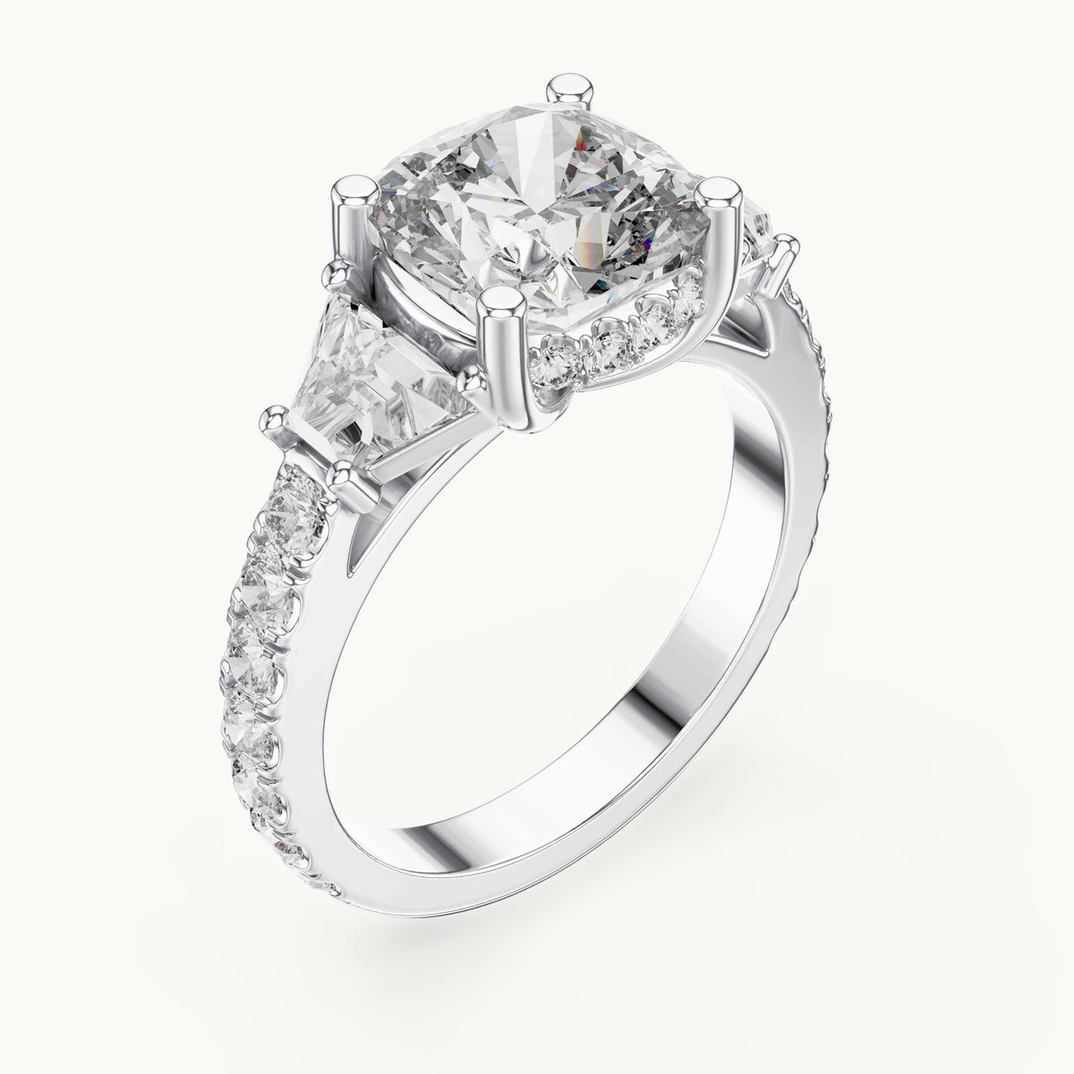 Cushion-cut, baguette and round lab-grown diamond three-stone engagement ring with baguette side stones in white gold, 4.956 CT TW, view 2