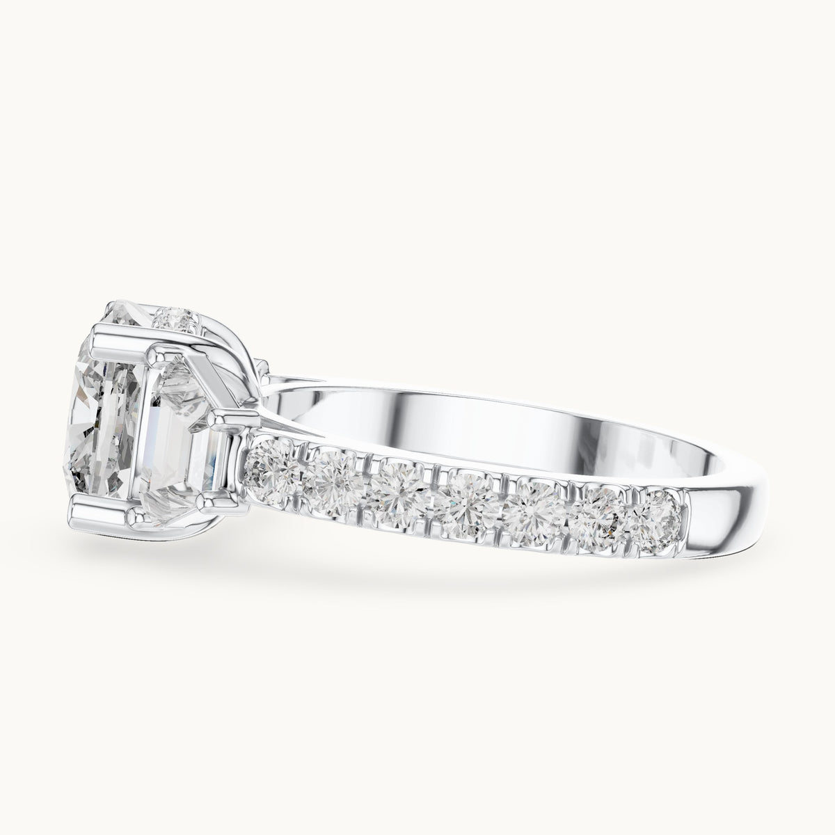 Cushion-cut, baguette and round lab-grown diamond three-stone engagement ring with baguette side stones in white gold, 4.956 CT TW, view 3