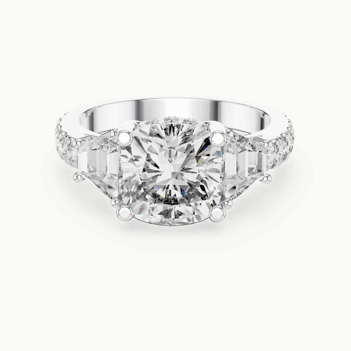 Cushion-cut, baguette and round lab-grown diamond three-stone engagement ring with baguette side stones in white gold, 4.956 CT TW, view 4