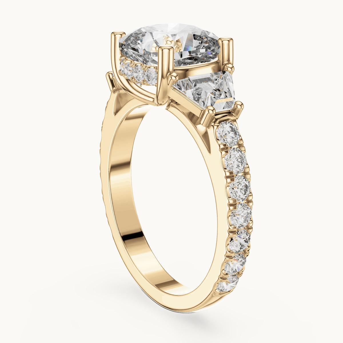 Cushion-cut, baguette and round lab-grown diamond three-stone engagement ring with baguette side stones in yellow gold, 4.956 CT TW, view 1