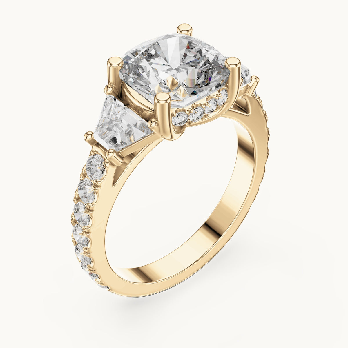 Cushion-cut, baguette and round lab-grown diamond three-stone engagement ring with baguette side stones in yellow gold, 4.956 CT TW, view 2
