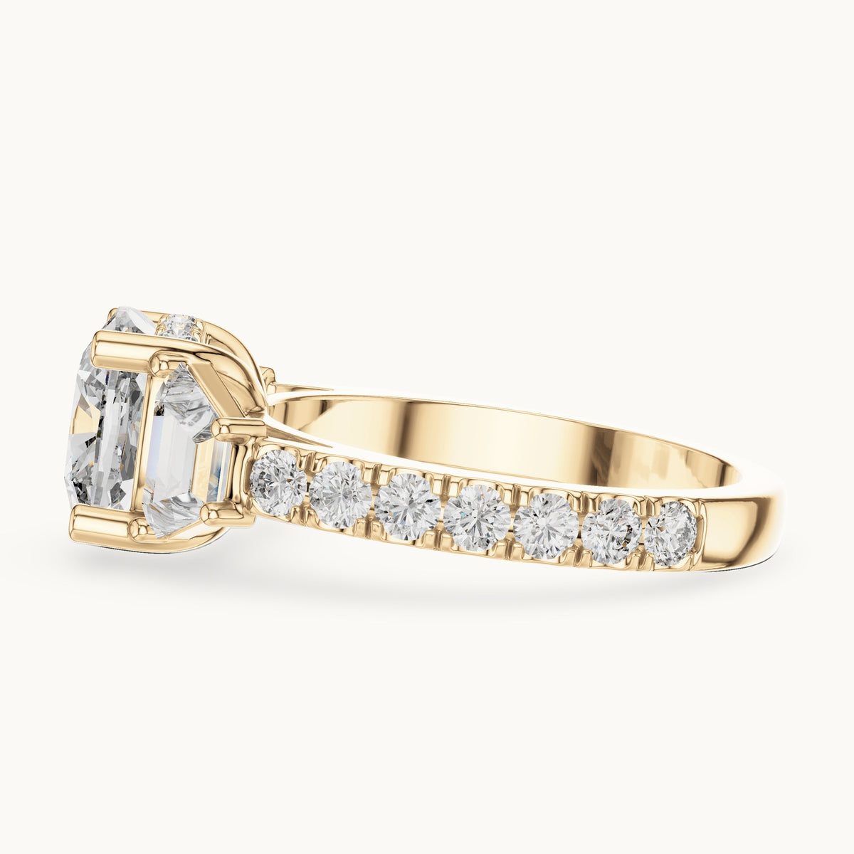 Cushion-cut, baguette and round lab-grown diamond three-stone engagement ring with baguette side stones in yellow gold, 4.956 CT TW, view 3