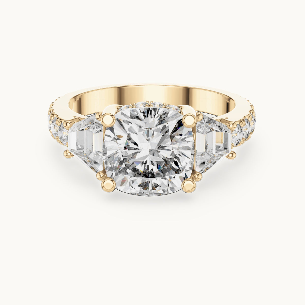 Cushion-cut, baguette and round lab-grown diamond three-stone engagement ring with baguette side stones in yellow gold, 4.956 CT TW, view 4