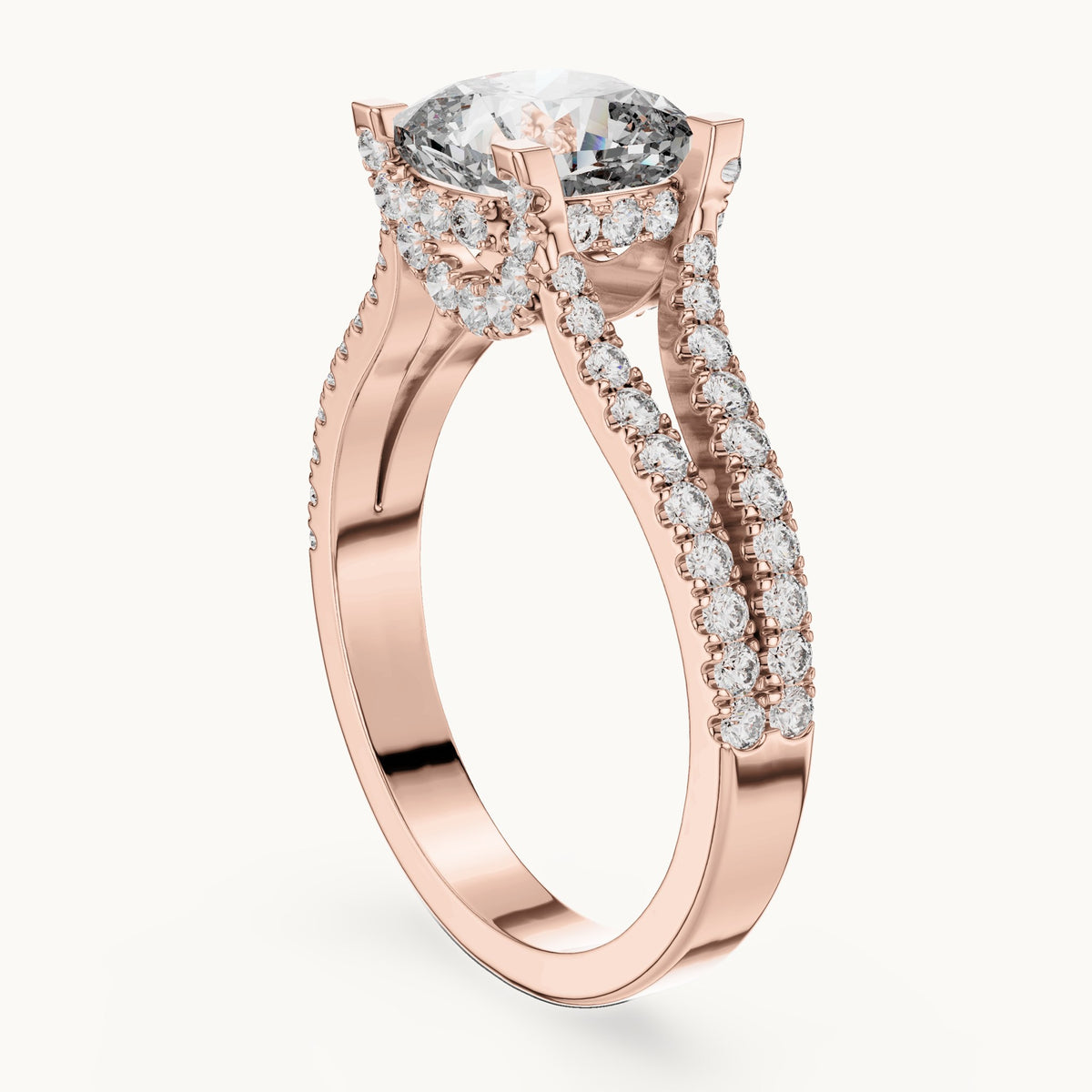 Cushion-cut and round lab-grown diamond split shank pavé engagement ring in rose gold, 2.14 CT TW, view 1