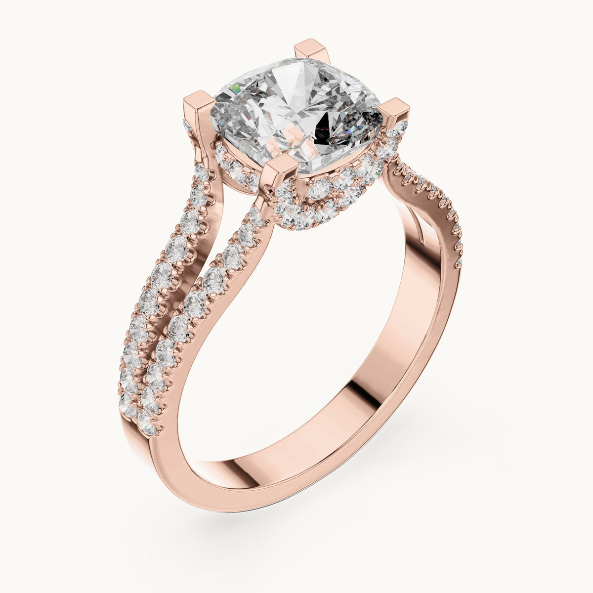Cushion-cut and round lab-grown diamond split shank pavé engagement ring in rose gold, 2.14 CT TW, view 2