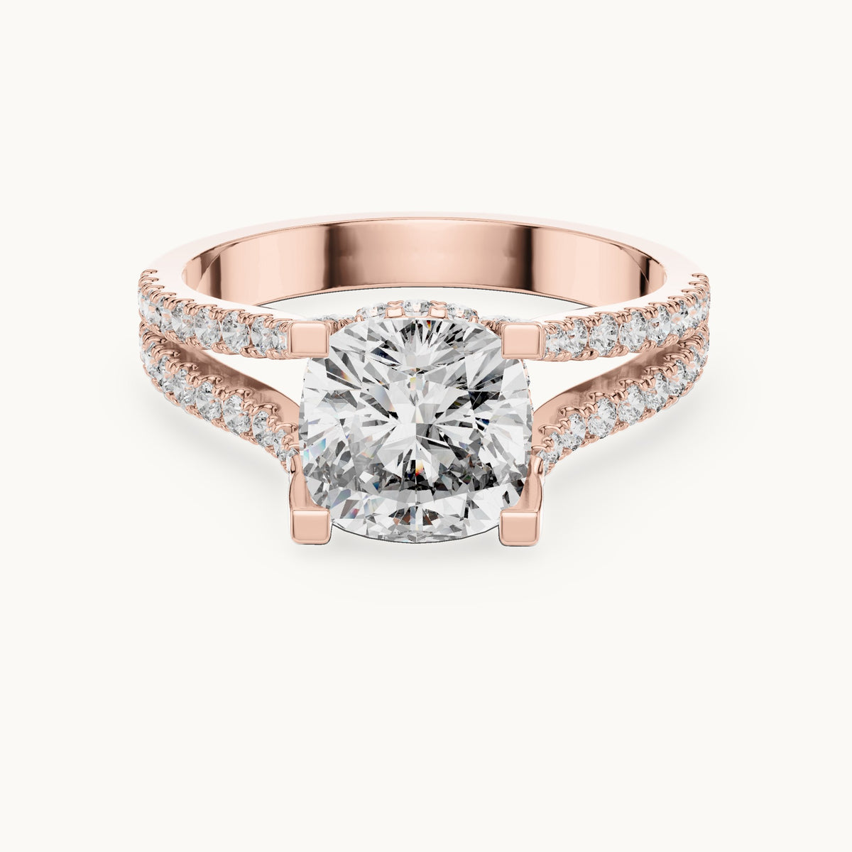 Cushion-cut and round lab-grown diamond split shank pavé engagement ring in rose gold, 2.14 CT TW, view 4