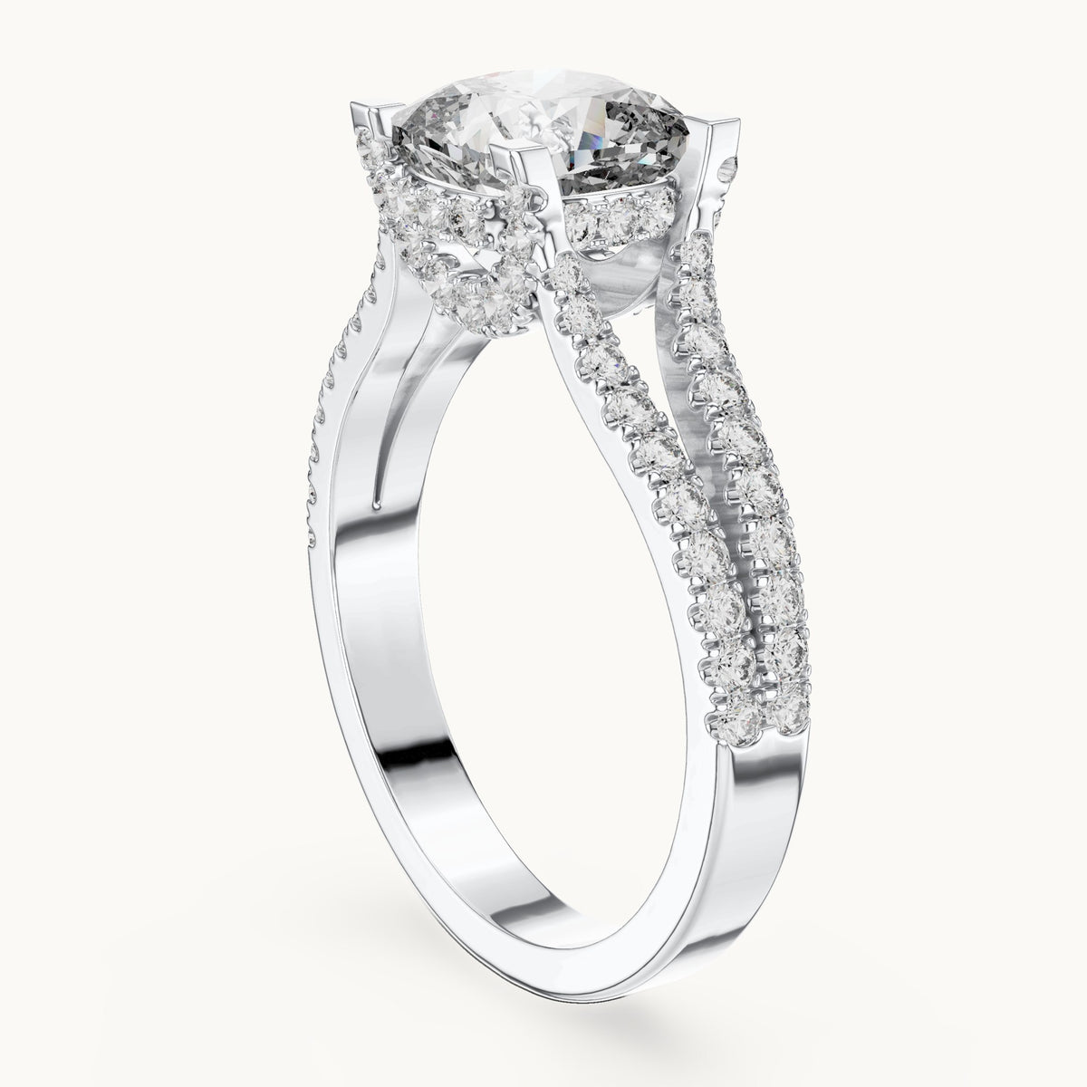 Cushion-cut and round lab-grown diamond split shank pavé engagement ring in white gold, 2.14 CT TW, view 1