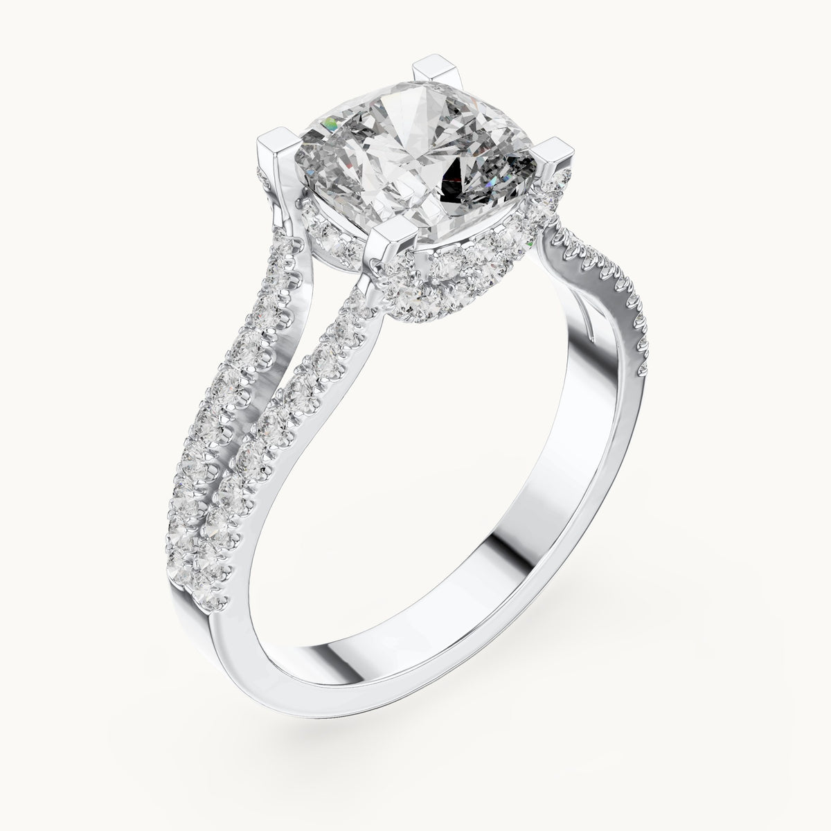 Cushion-cut and round lab-grown diamond split shank pavé engagement ring in white gold, 2.14 CT TW, view 2