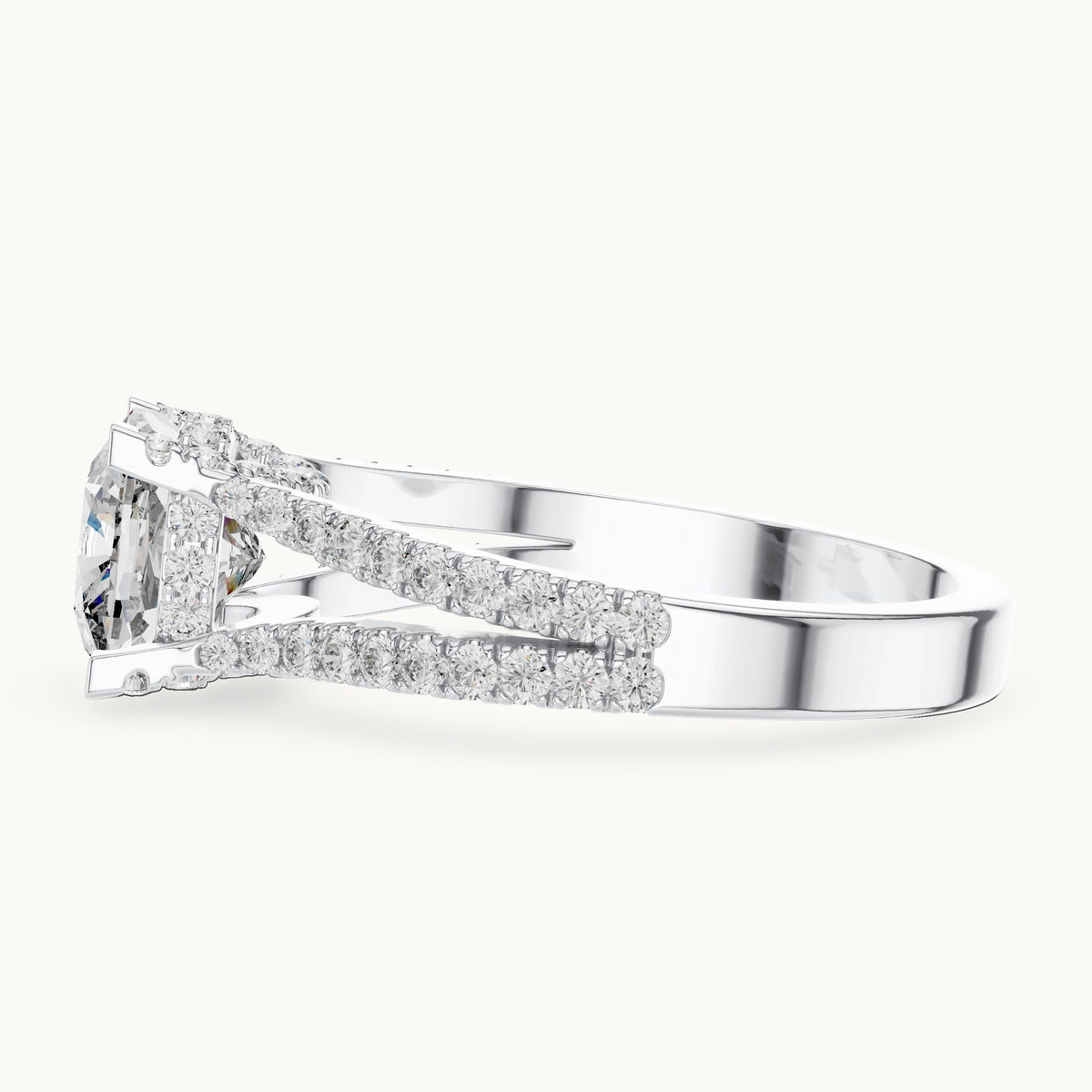 Cushion-cut and round lab-grown diamond split shank pavé engagement ring in white gold, 2.14 CT TW, view 3