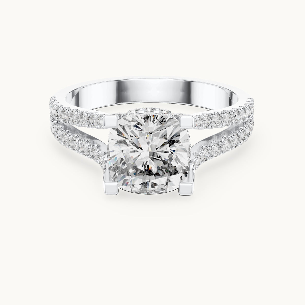 Cushion-cut and round lab-grown diamond split shank pavé engagement ring in white gold, 2.14 CT TW, view 4