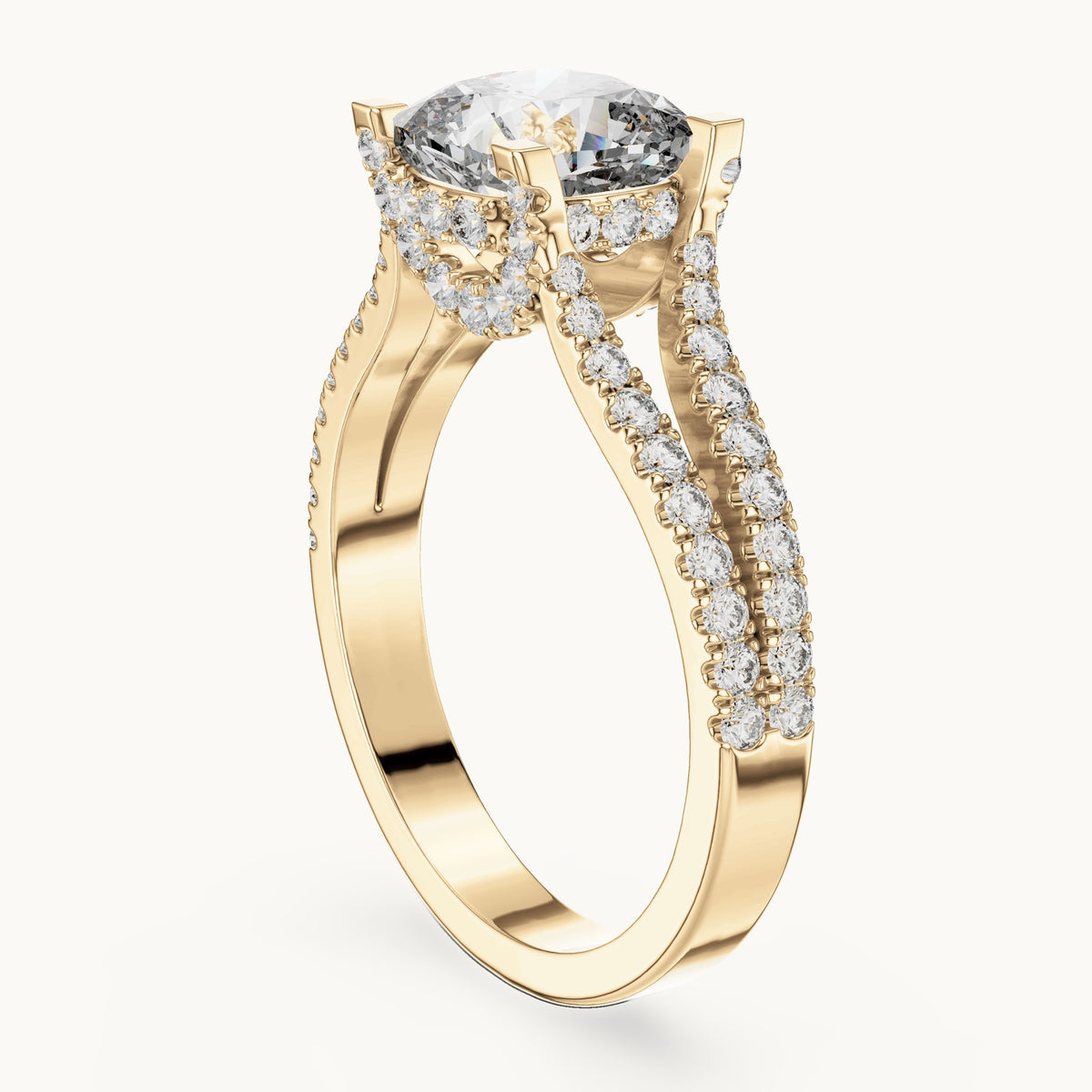 Cushion-cut and round lab-grown diamond split shank pavé engagement ring in yellow gold, 2.14 CT TW, view 1