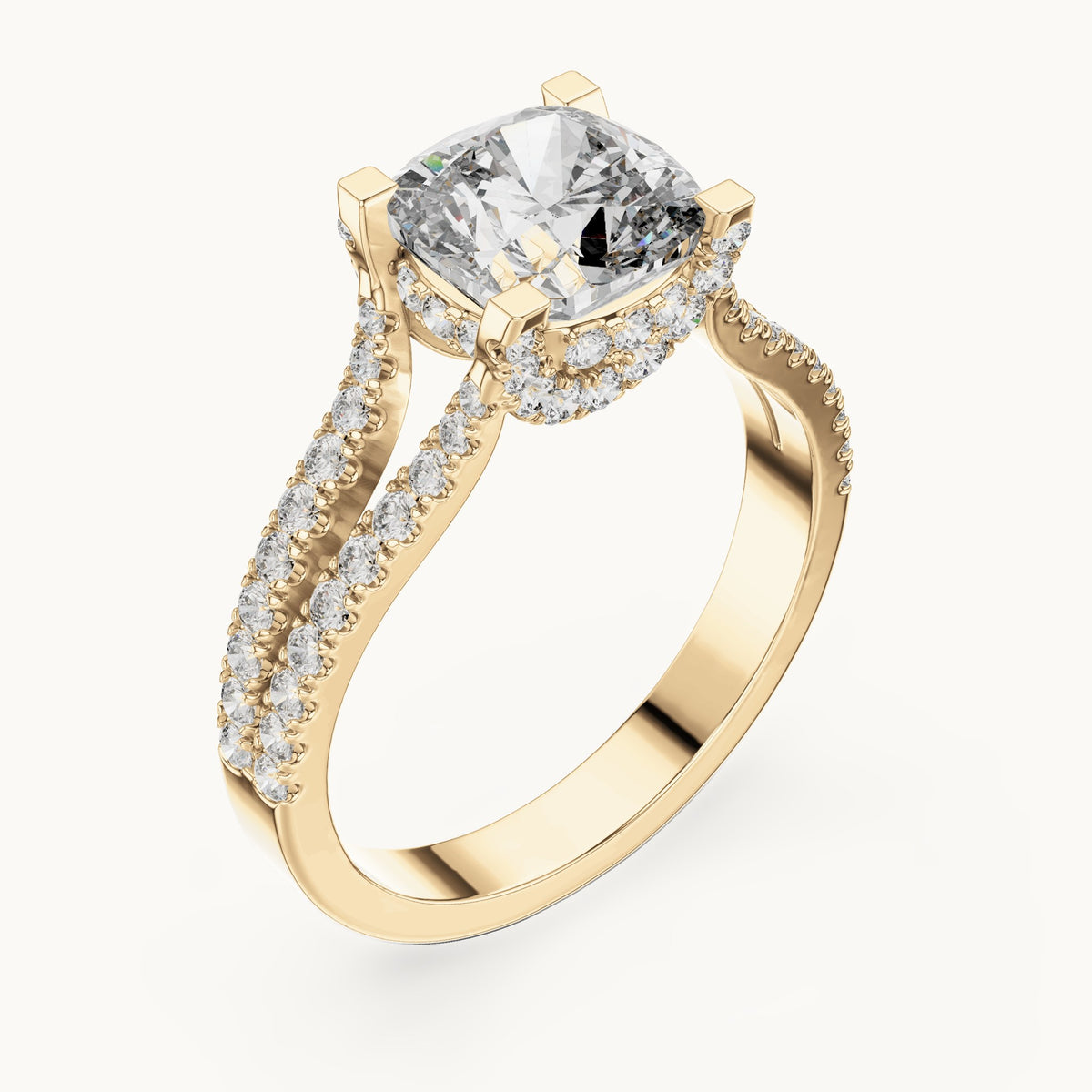 Cushion-cut and round lab-grown diamond split shank pavé engagement ring in yellow gold, 2.14 CT TW, view 2