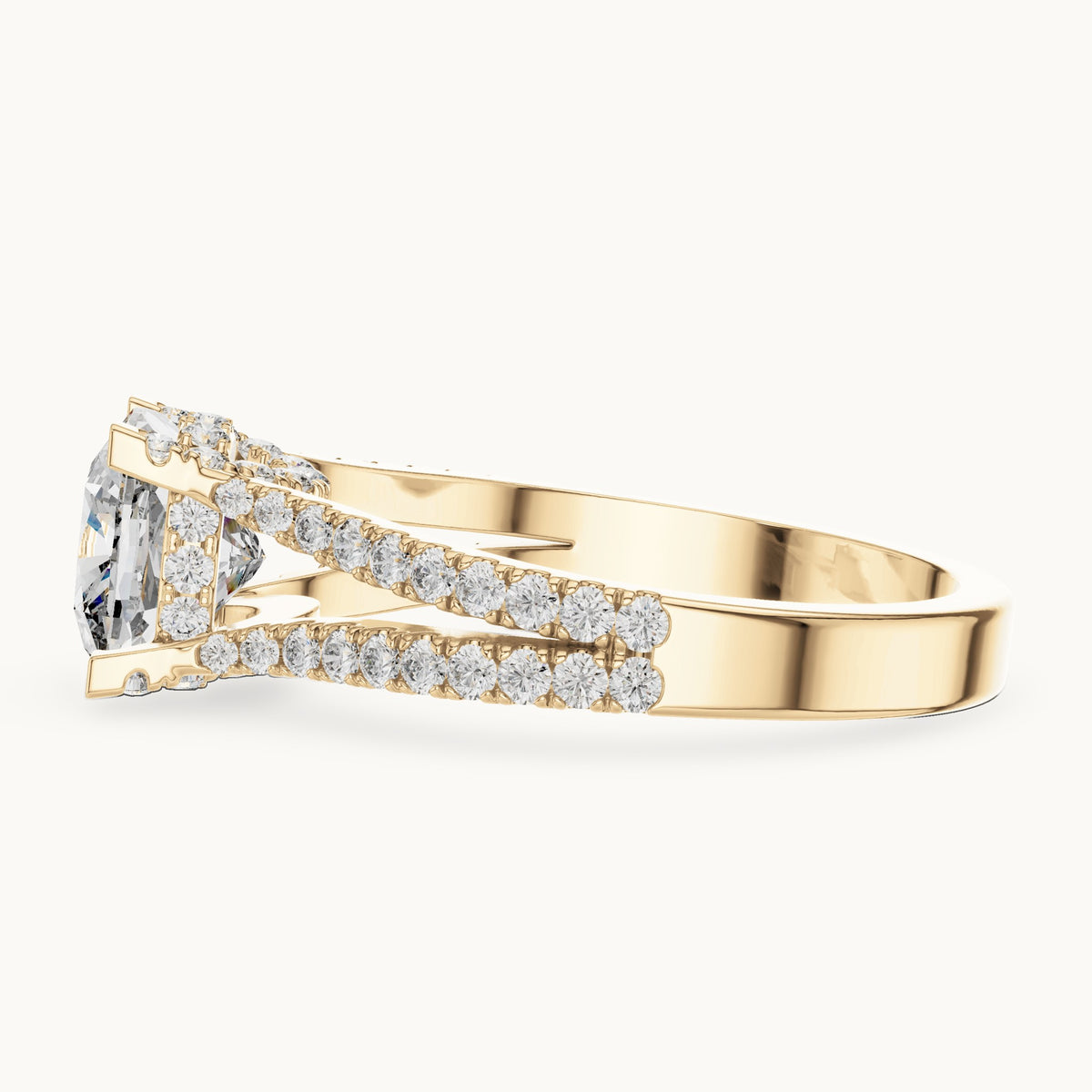 Cushion-cut and round lab-grown diamond split shank pavé engagement ring in yellow gold, 2.14 CT TW, view 3