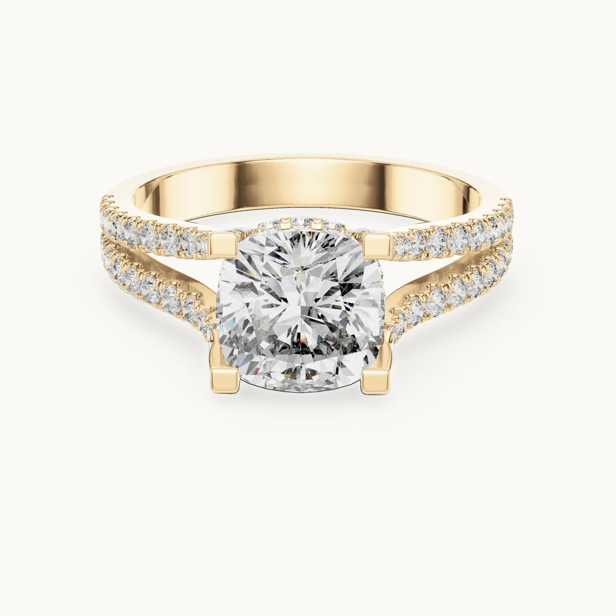 Cushion-cut and round lab-grown diamond split shank pavé engagement ring in yellow gold, 2.14 CT TW, view 4