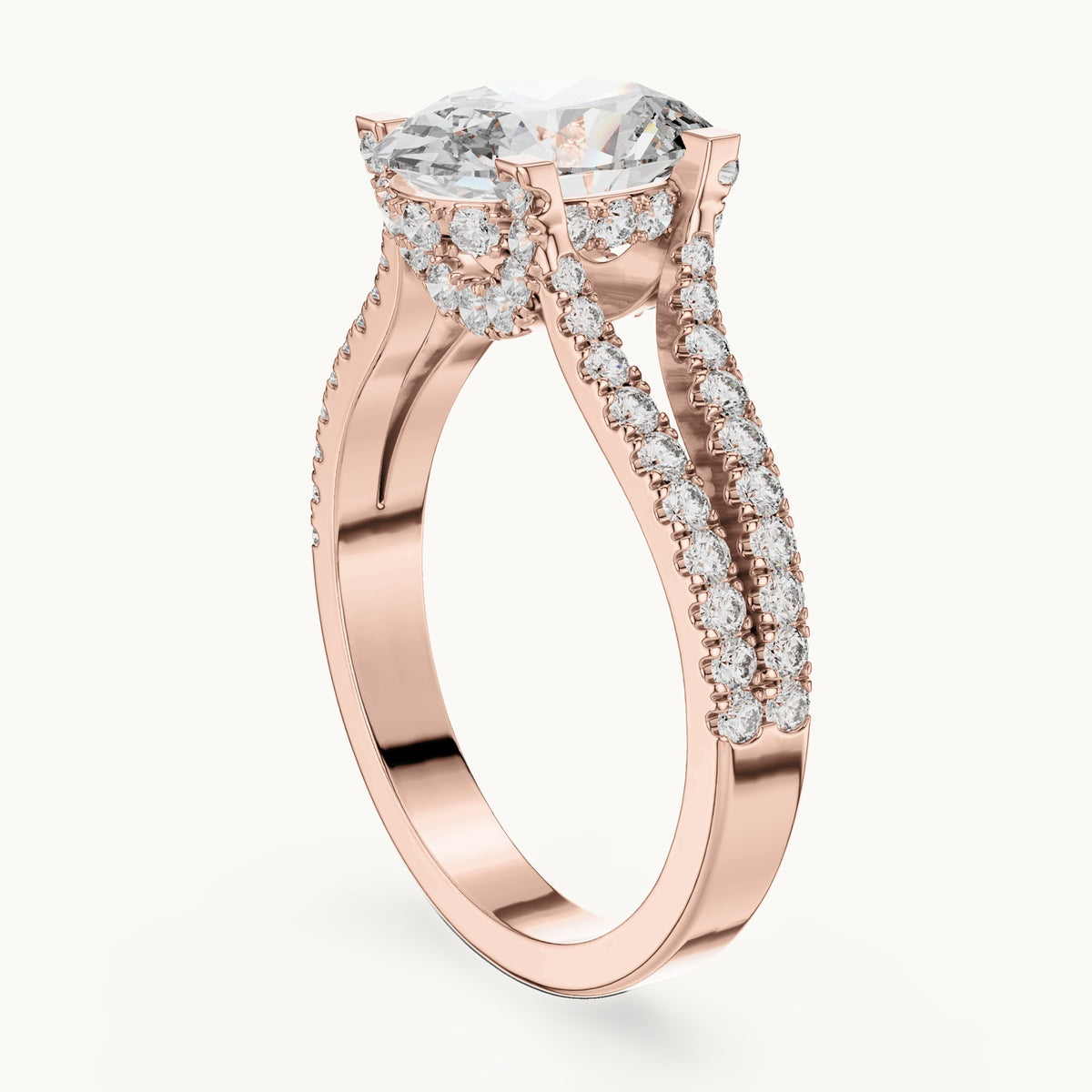 Oval and round lab-grown diamond triple-row split shank engagement ring in rose gold, 2.178 CT TW, view 1